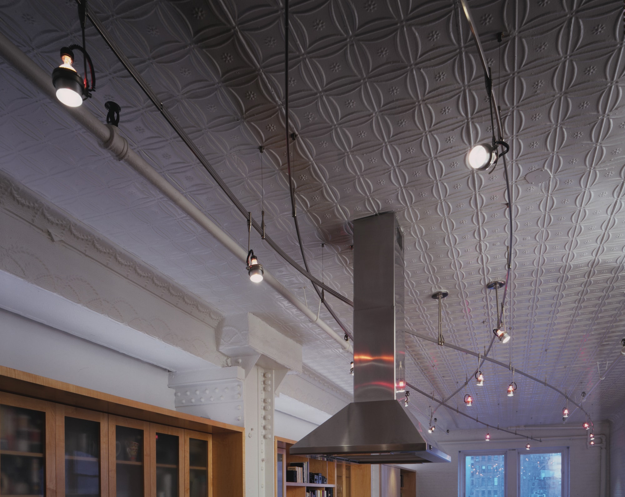 Modern Loft Apartment Renovation | Tribeca Manhattan New York City | Kitchen Painted Tin Ceiling Track Light Range Hood | RES4