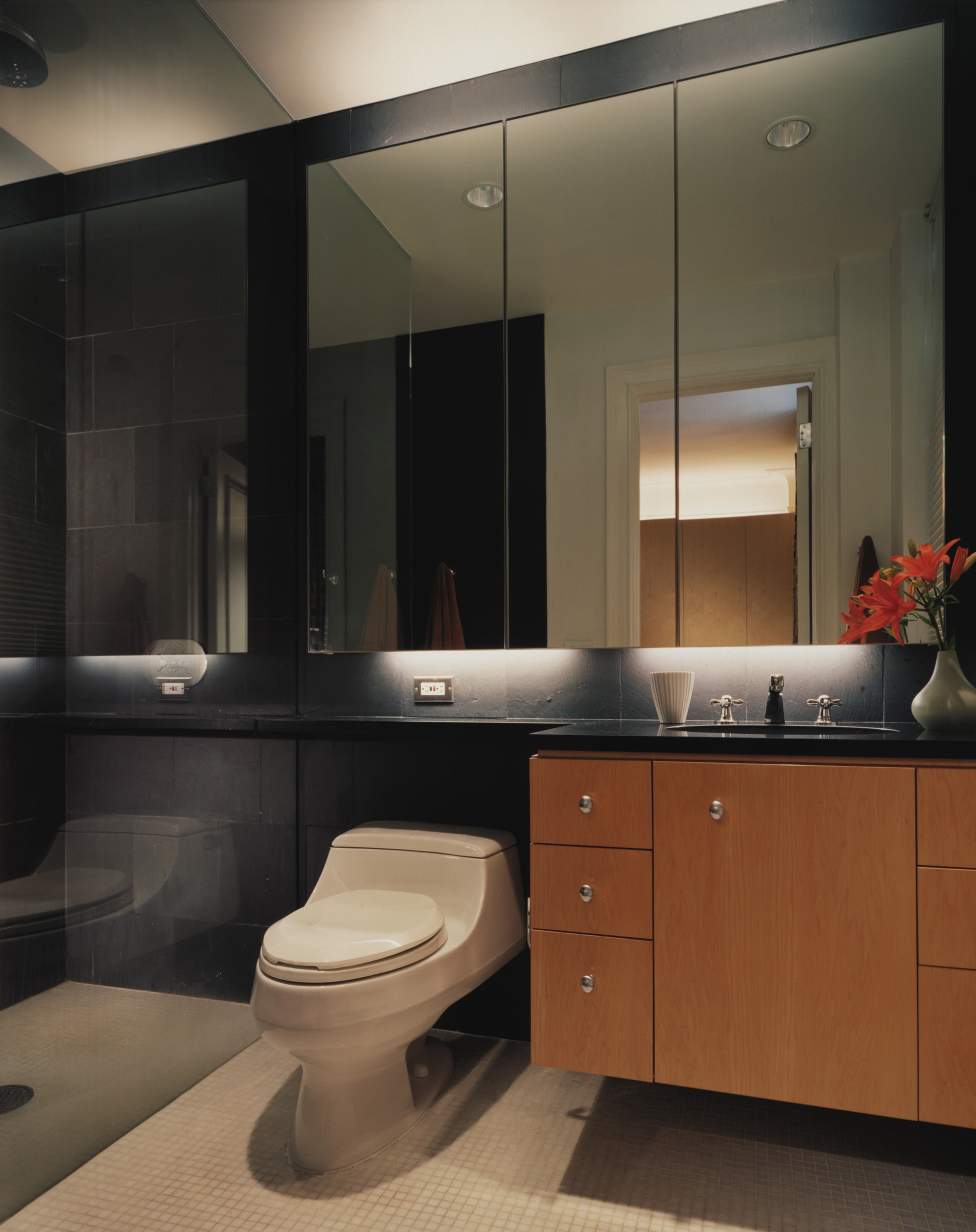 Modern Apartment Renovation | Upper East Side Manhattan New York City | Bathroom Custom Vanity Cabinet Black Tile | RES4