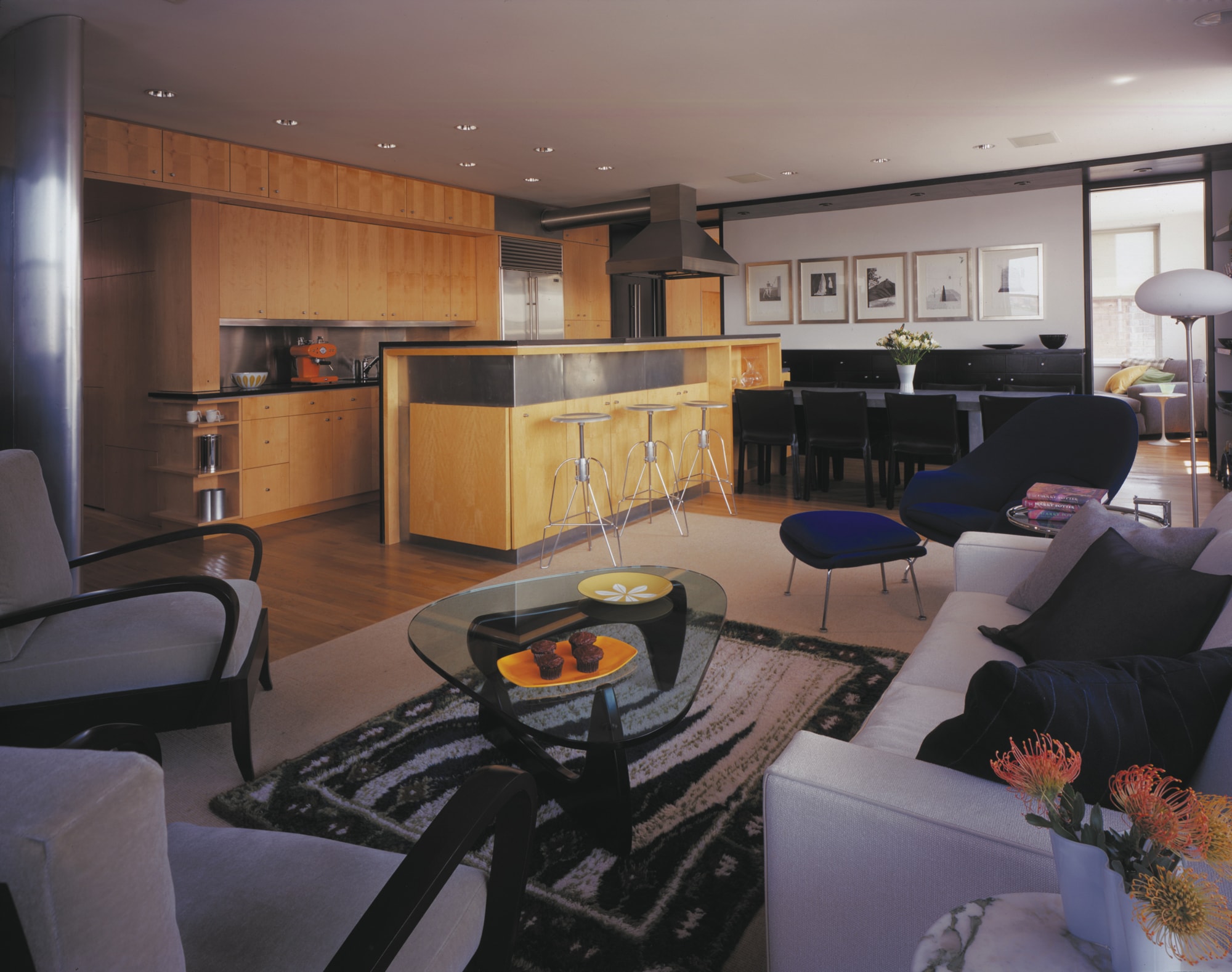 Modern Apartment Renovation | West Village Manhattan New York City | Living Room Kitchen Stainless Steel Backsplash Custom Built In Cabinets Island | RES4