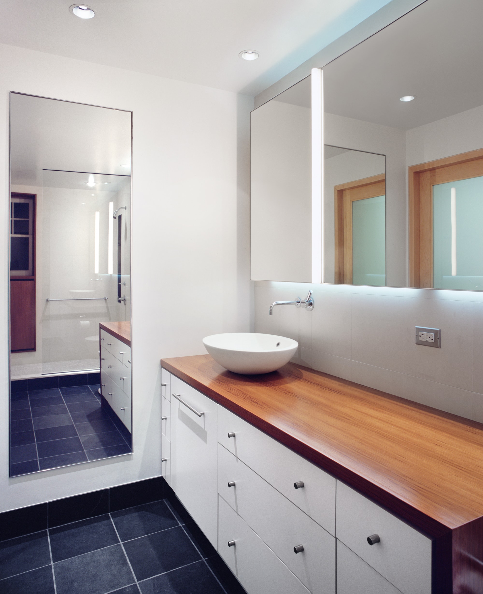 Modern Apartment Renovation | Brooklyn Heights New York City | Bathroom White Wood Countertop Window Strip Glass Shower | RES4