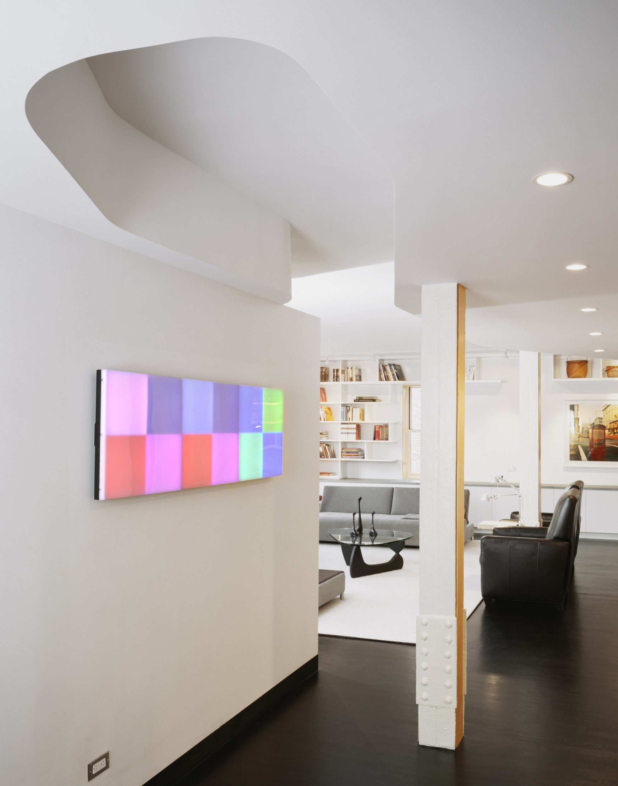 Modern Apartment Renovation | Brooklyn Heights New York City | Foyer Entry Exposed Structure Column Curved Sculptural Ceiling Living Room | RES4