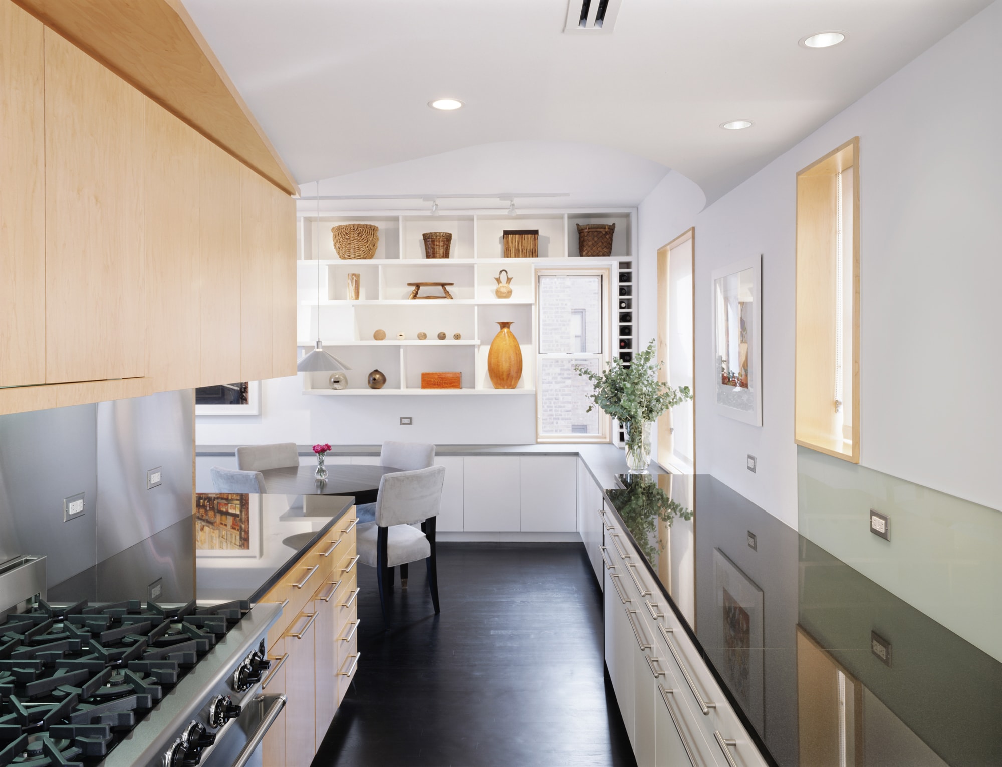 Modern Apartment Renovation | Brooklyn Heights New York City | Kitchen Custom Cabinet White Wood Black Countertop Curved Sculptural Ceiling | RES4