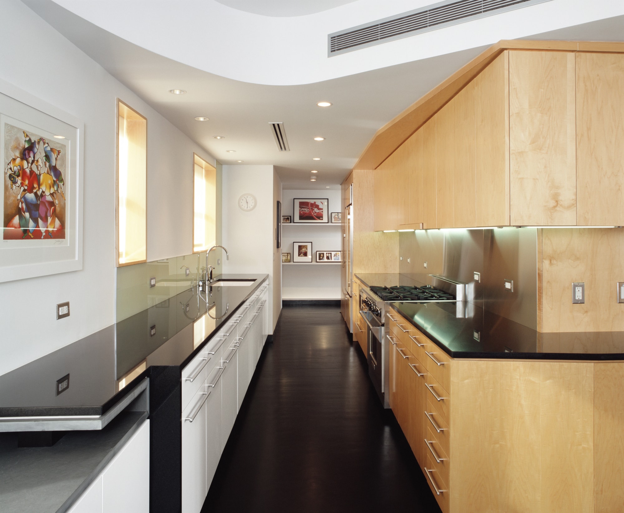 Modern Apartment Renovation | Brooklyn Heights New York City | Kitchen Custom Cabinet White Wood Black Countertop Curved Sculptural Ceiling | RES4