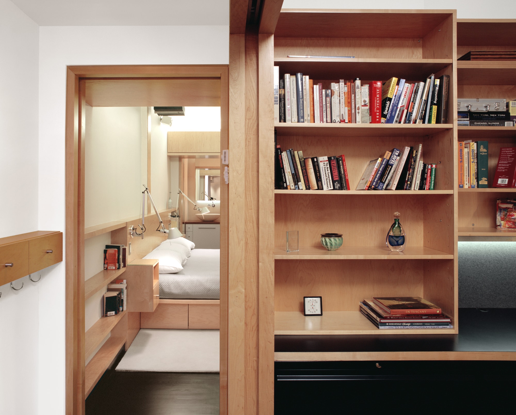 Modern Apartment Renovation | Brooklyn Heights New York City | Bedroom Office Built In Bed Desk Shelves Pocket Door | RES4