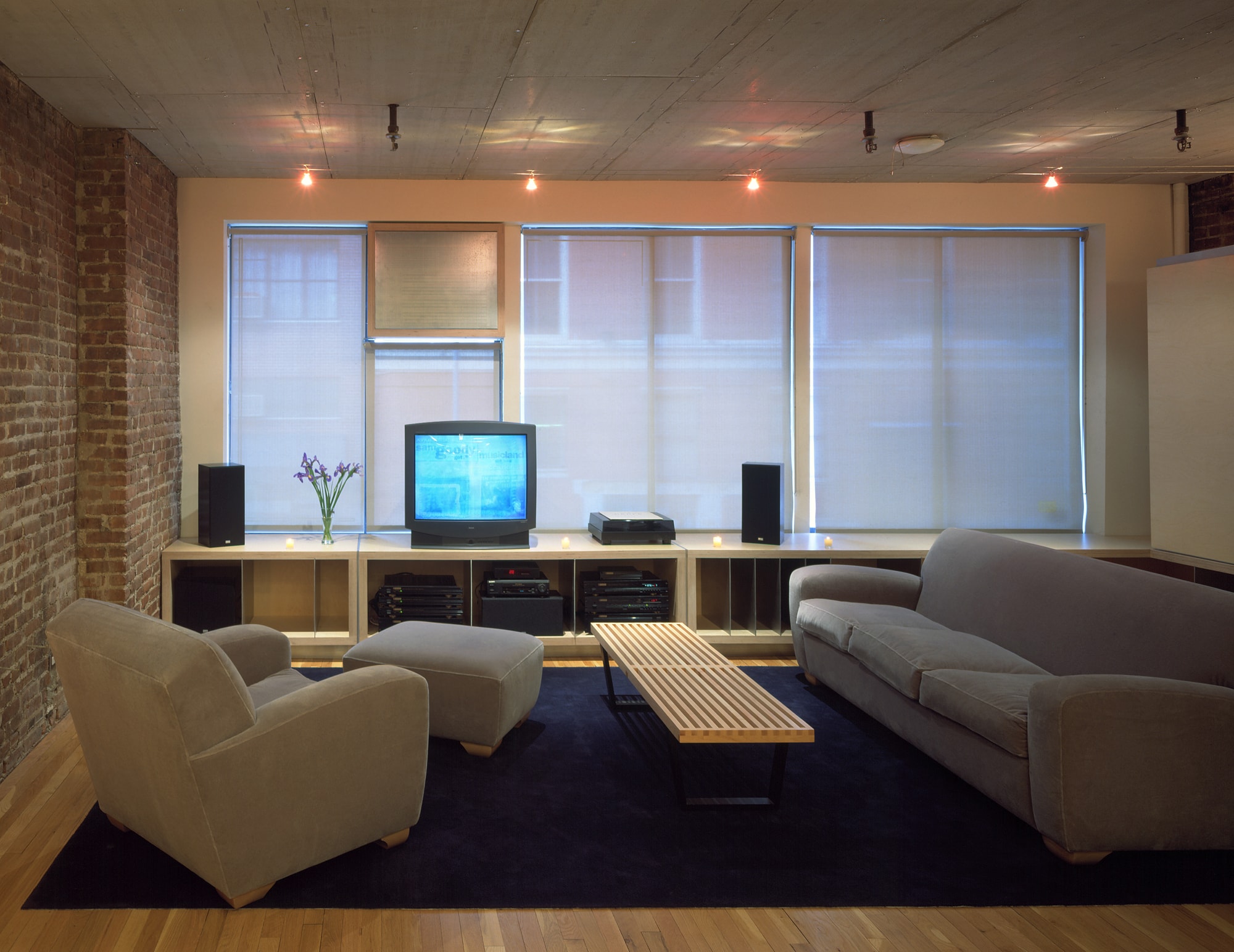 Modern Apartment Loft Renovation | Chelsea Manhattan New York City | Living Room Roller Shades Exposed Brick | RES4