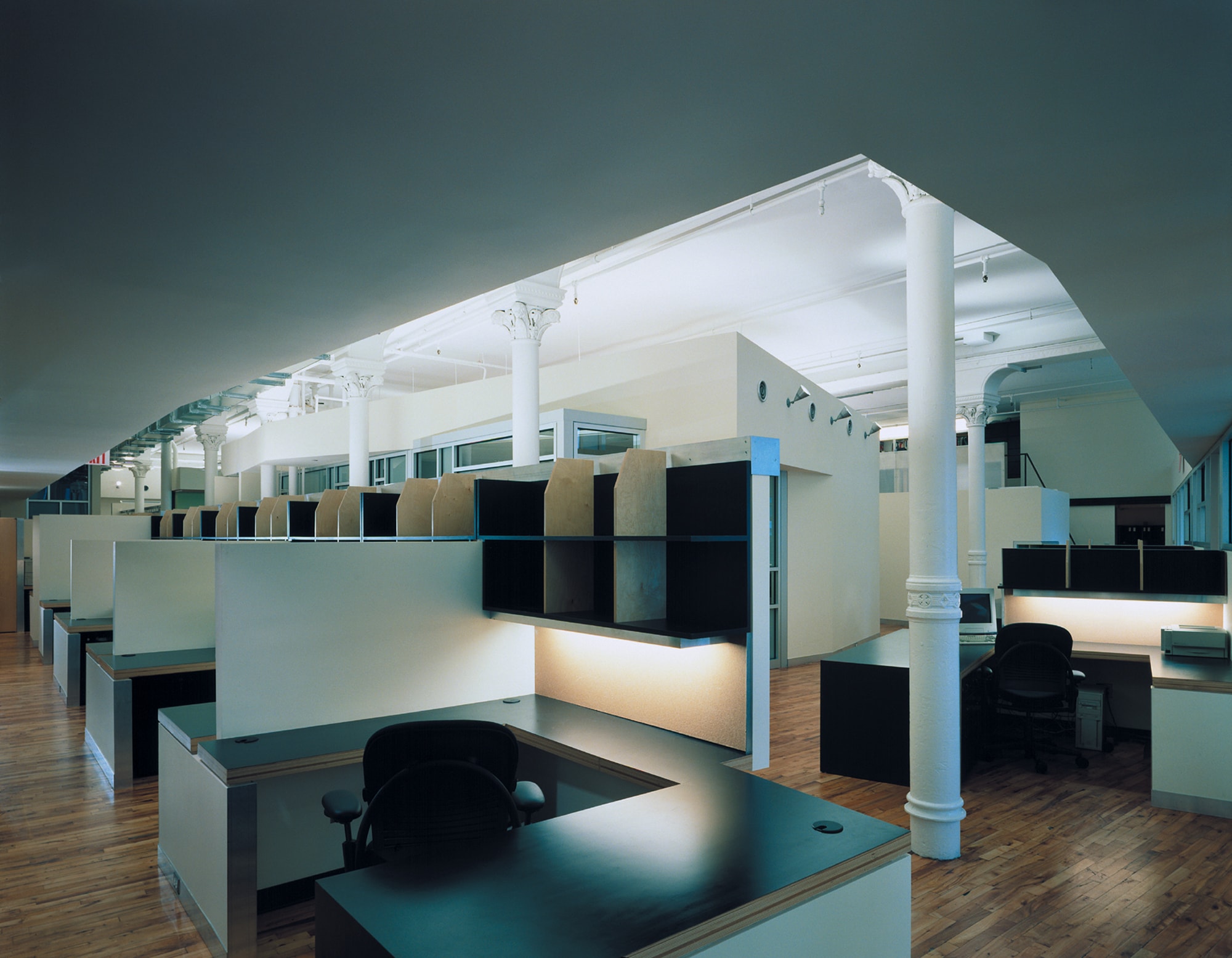 Equinox Offices Headquarters Modern Heath Fitness Center Renovation | Manhattan New York | Exposed Column Structure Open Office Custom Workstations Plywood | RES4