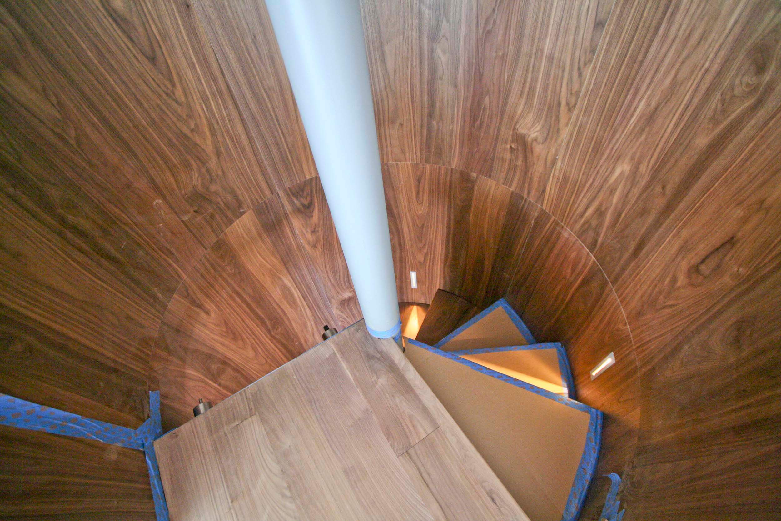   Walnut spiral stair &nbsp;nearly complete -&nbsp; Step lights create a nice accent  