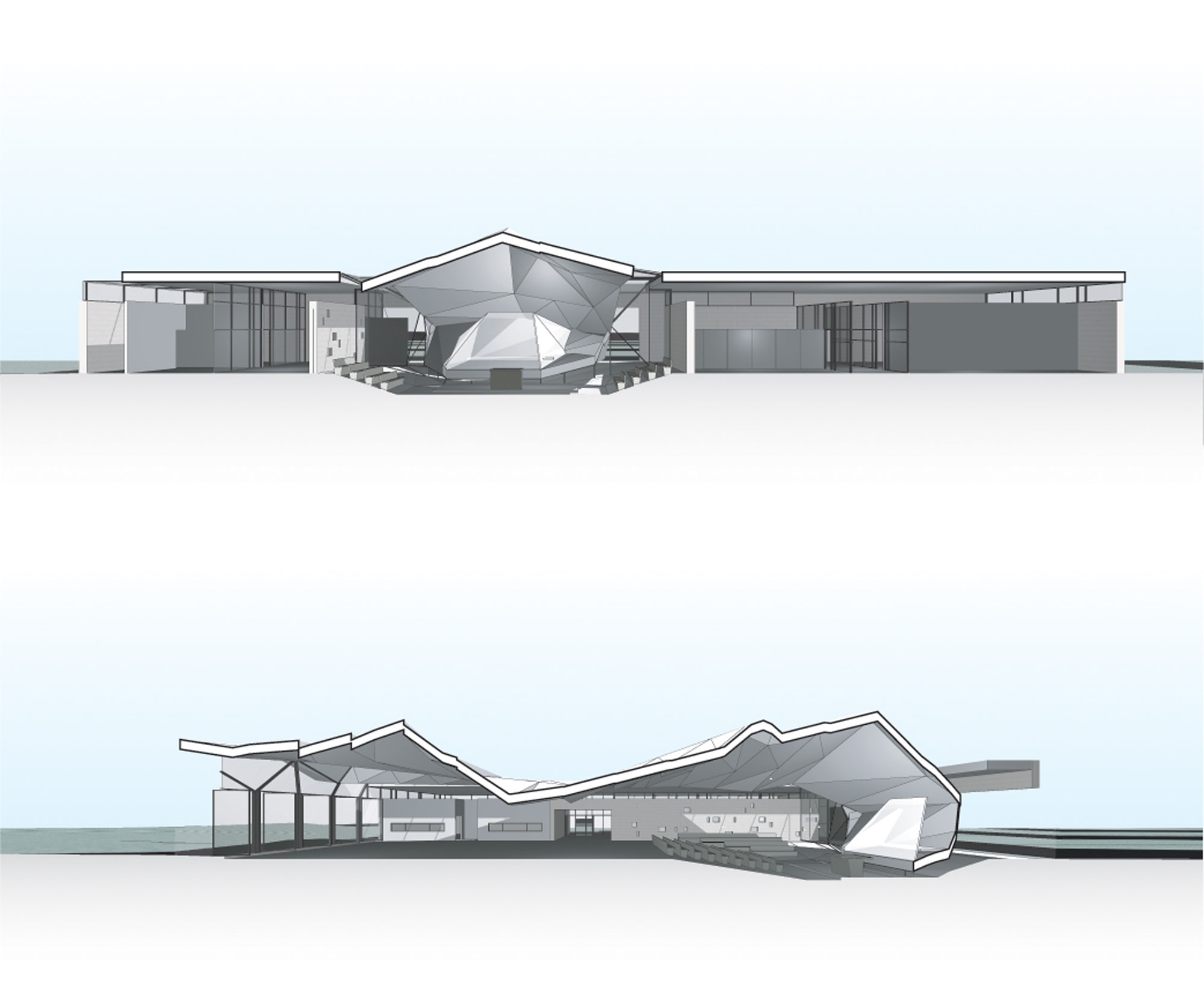 Modern Community Center | Flemington New Jersey FJCC | Auditorium Amphitheater Sculptural Ceiling Section Perspective Drawing | RES4