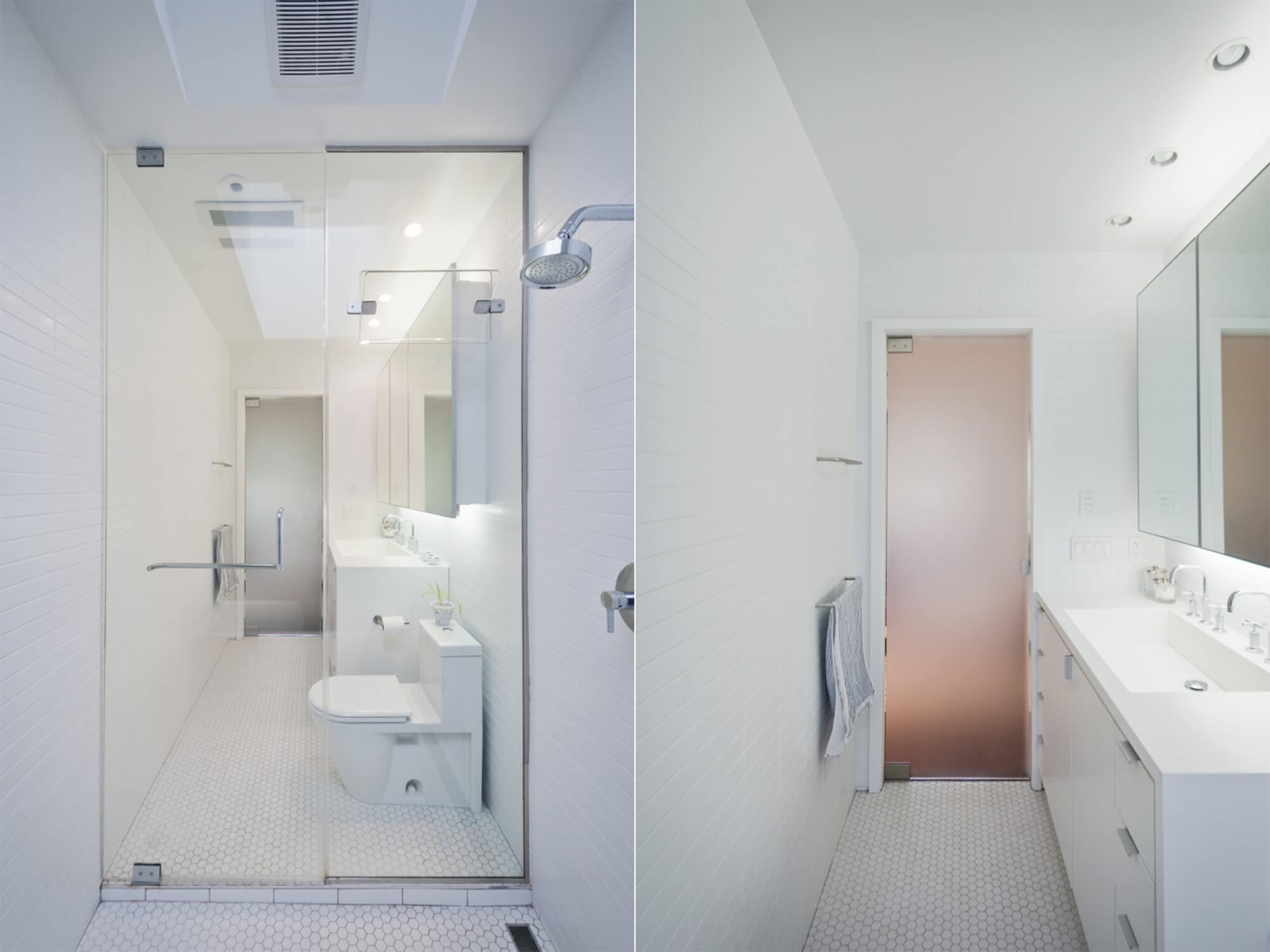   Bathroom   (left + right) &nbsp; - Minimal and clean modern design with floor to ceiling tiles and translucent glass door.  