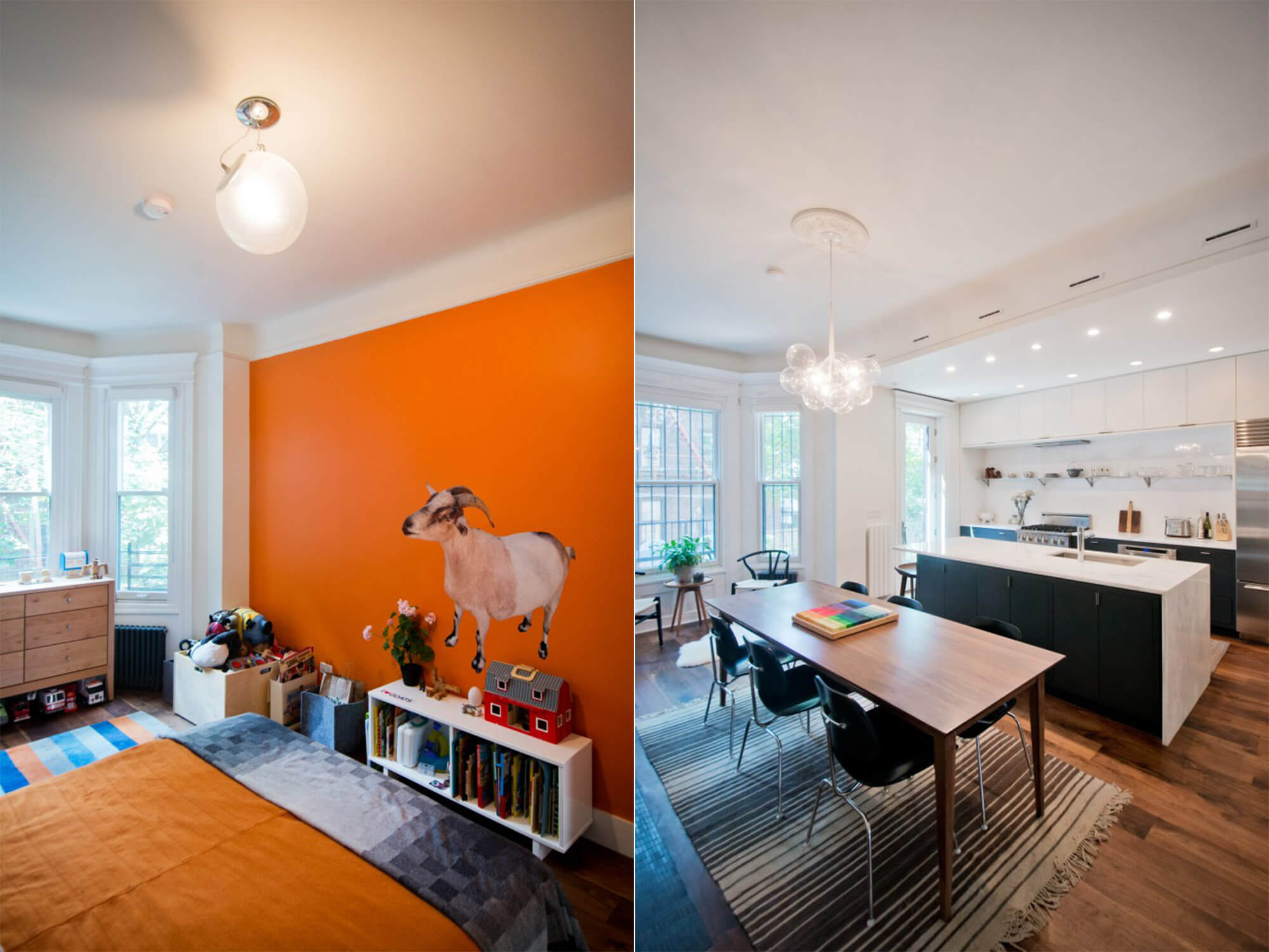 Kids Bedroom (left) - friendly goat complemented with orange paint. Dining room (right) - dining room area adjacent to the kitchen with tons of natural light.