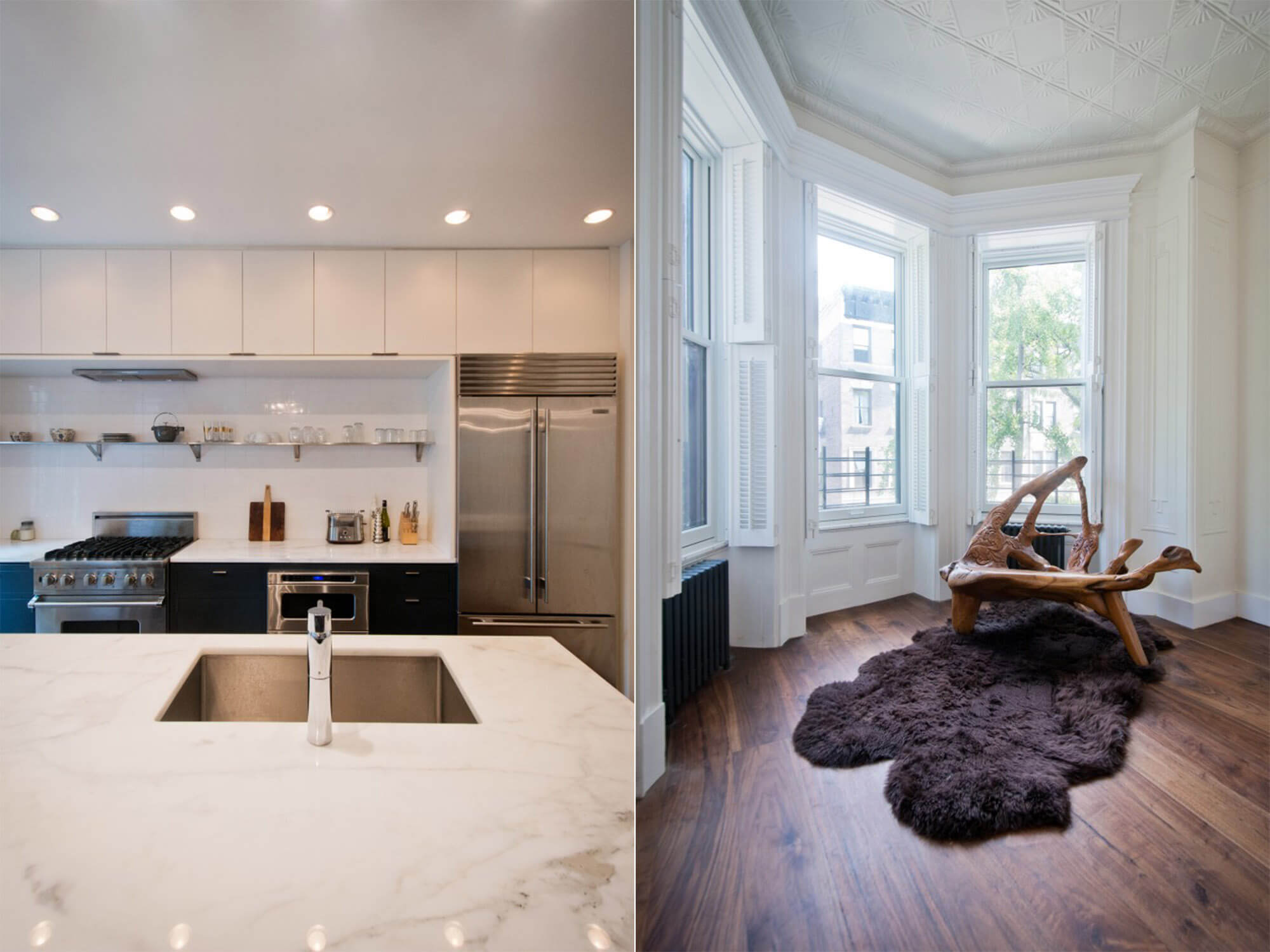   Kitchen   (left)   - marble countertop kitchen island.   Living room   (right)   - interior view of modern wood furniture in brownstone turret.  