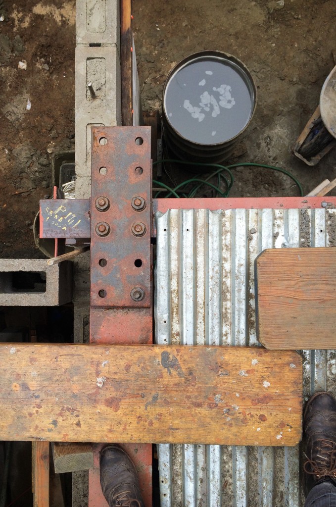   Detail of gussett plate securing steel I-beams together  
