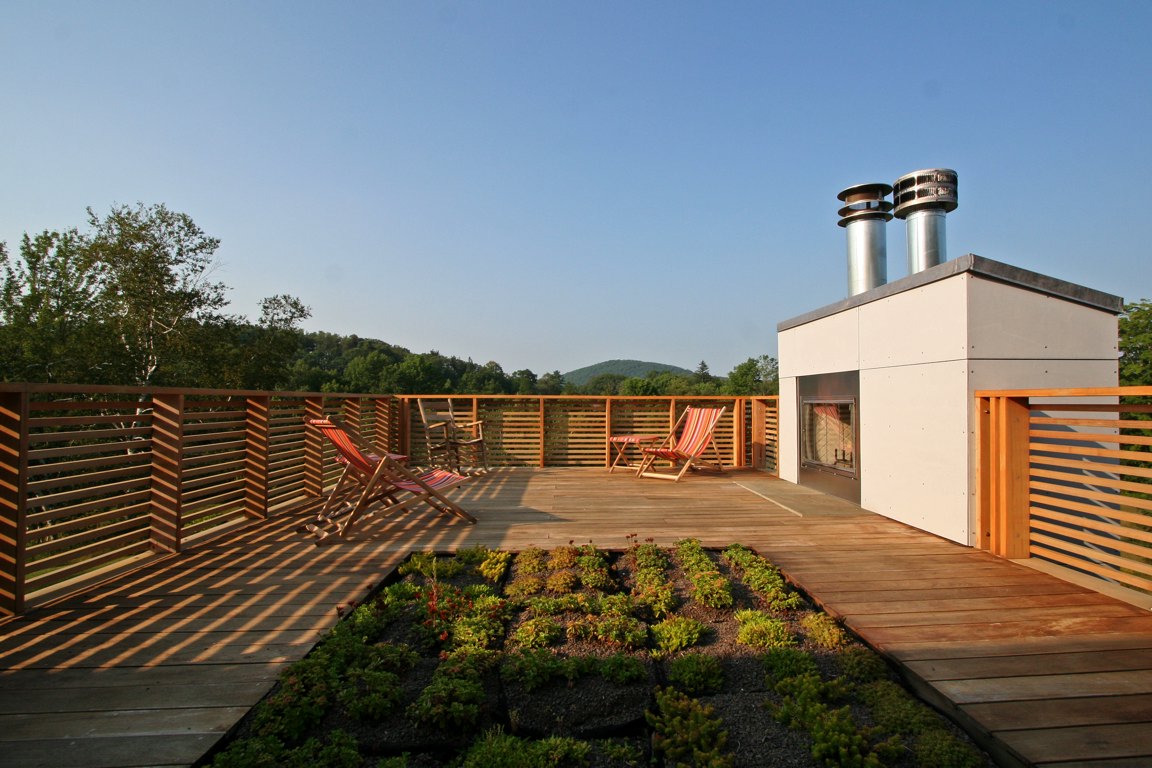   Roof deck fireplace and green roof  