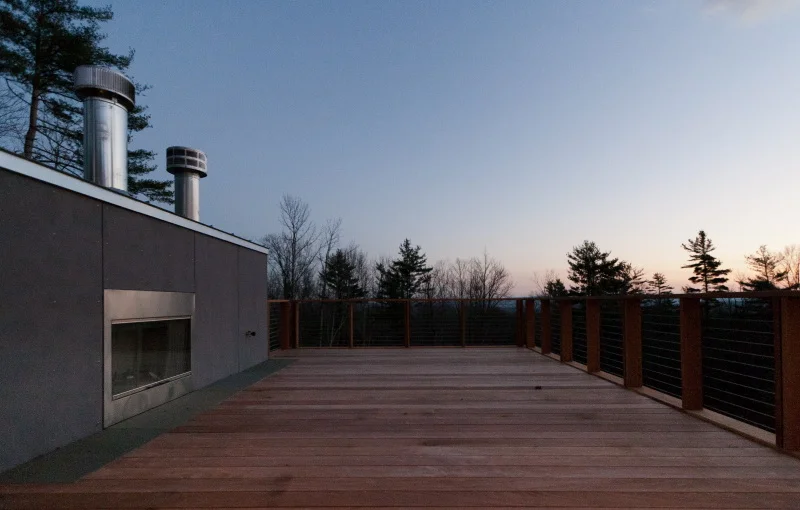 Outdoor deck with fireplace