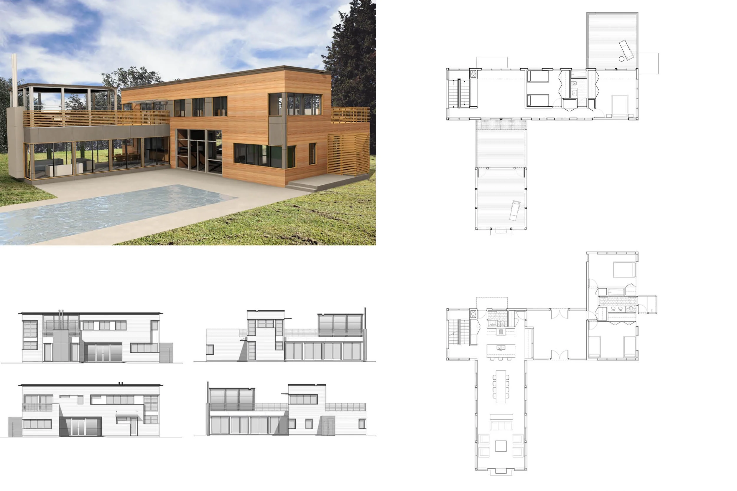   Summer Retreat  - This four-bedroom, two-and-a-half-bath home was developed from the Three-Bar Bridge with Sleeping Porch. It features an arrival court with a private terrace and pool, and a screened porch that connects the wing to the main space. 