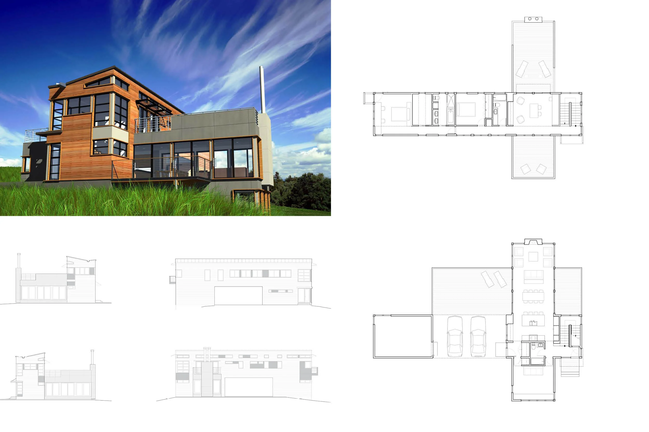   Dwell Home  - This three-bedroom, three-and-a-half bath home is a modified Two-Bar-Bridge sited on a sloping lot. A butterfly roof module provides additional ceiling height with clerestory windows, collects rainwater, and is pitched for solar panel