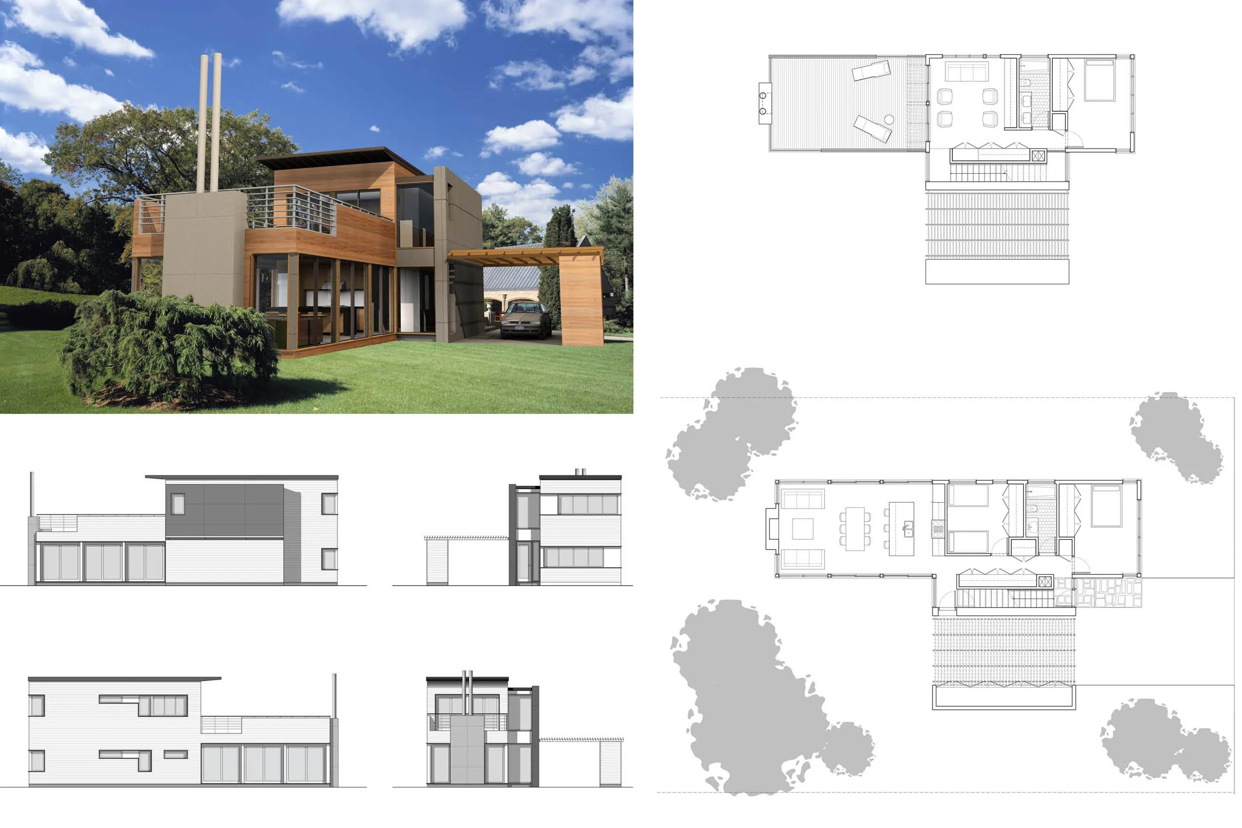   Suburban  -&nbsp;This three-bedroom, two-bath starter home was developed from the Two-Story Bar. A panelized saddlebag accommodates entry, vertical circulation, and built-in cabinets, while defining a parking zone with a trellis and garden storage.