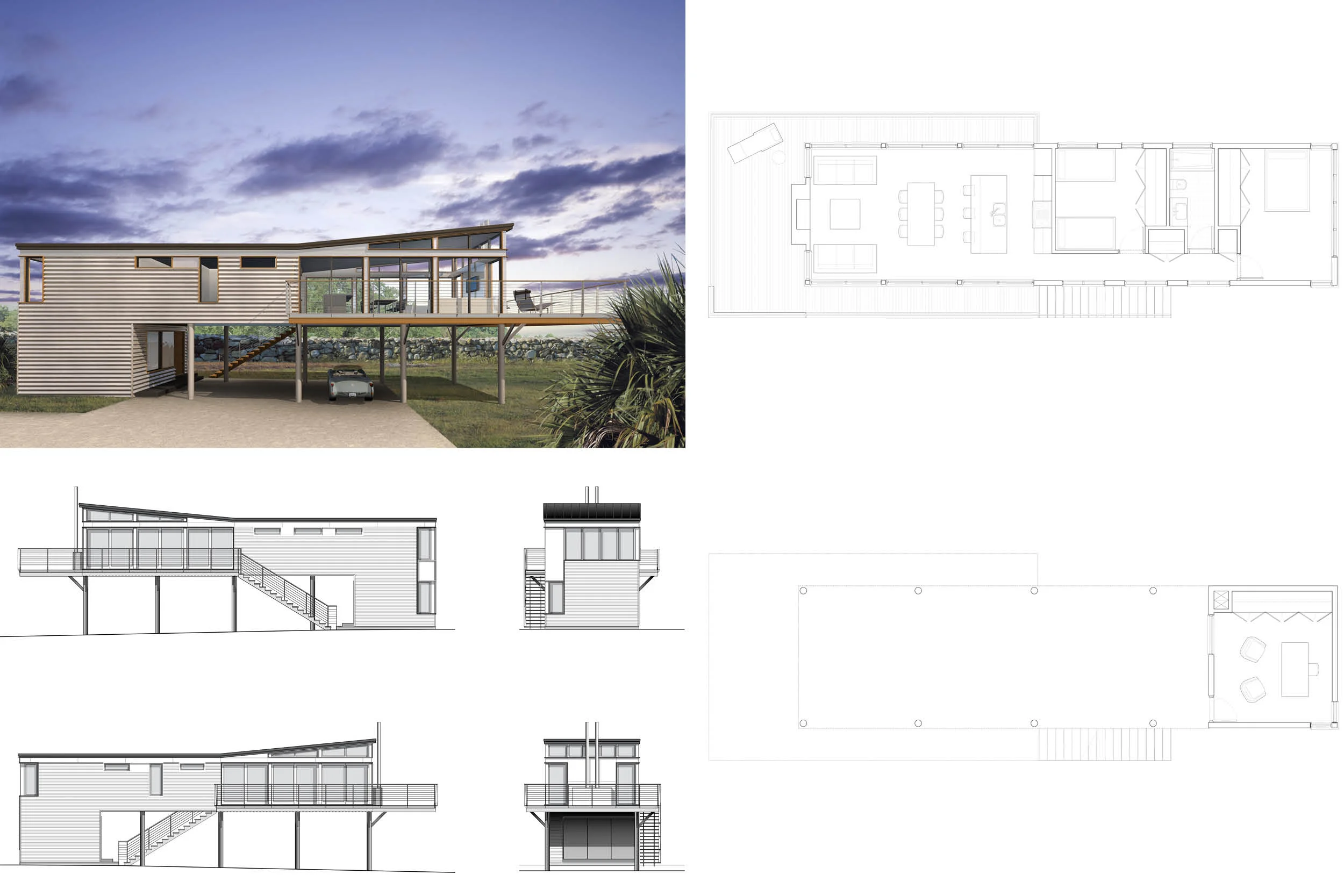   Beach House &nbsp;-&nbsp;This two-bedroom, one-bath holiday home was developed from the Lifted Bar type. It sits on piers above the flood plane, with the Single Bar module featuring a glass facade and a wraparound deck. 