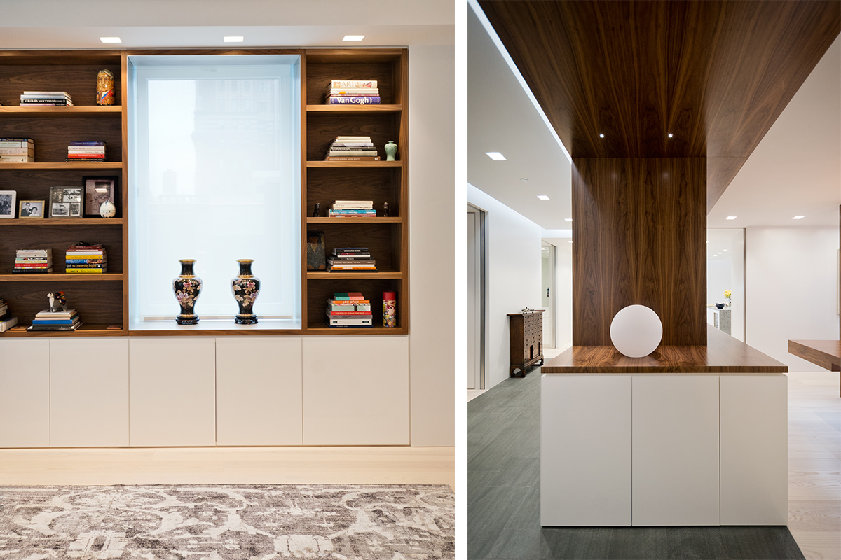 Modern New York City Lenox Hill Apartment Renovation | Custom Walnut Millwork Built In Shelves Living Room | RES4