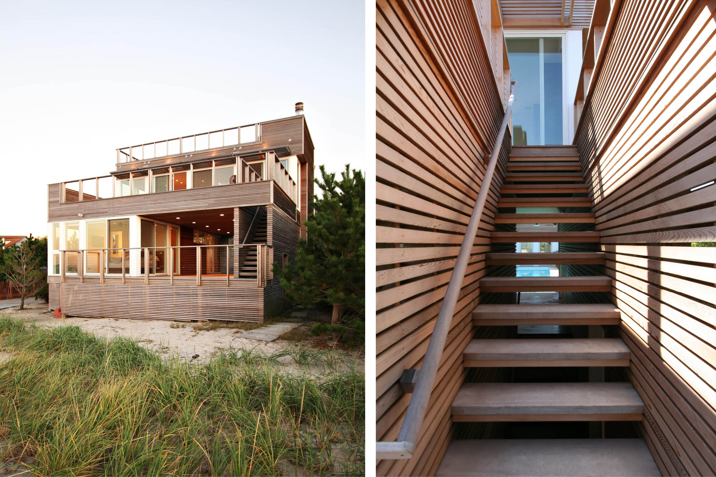 Modern Modular Prefab House | Cedar siding Beach White Windows Open Tread Stair Screen Wall | Fire Island New York | RES4