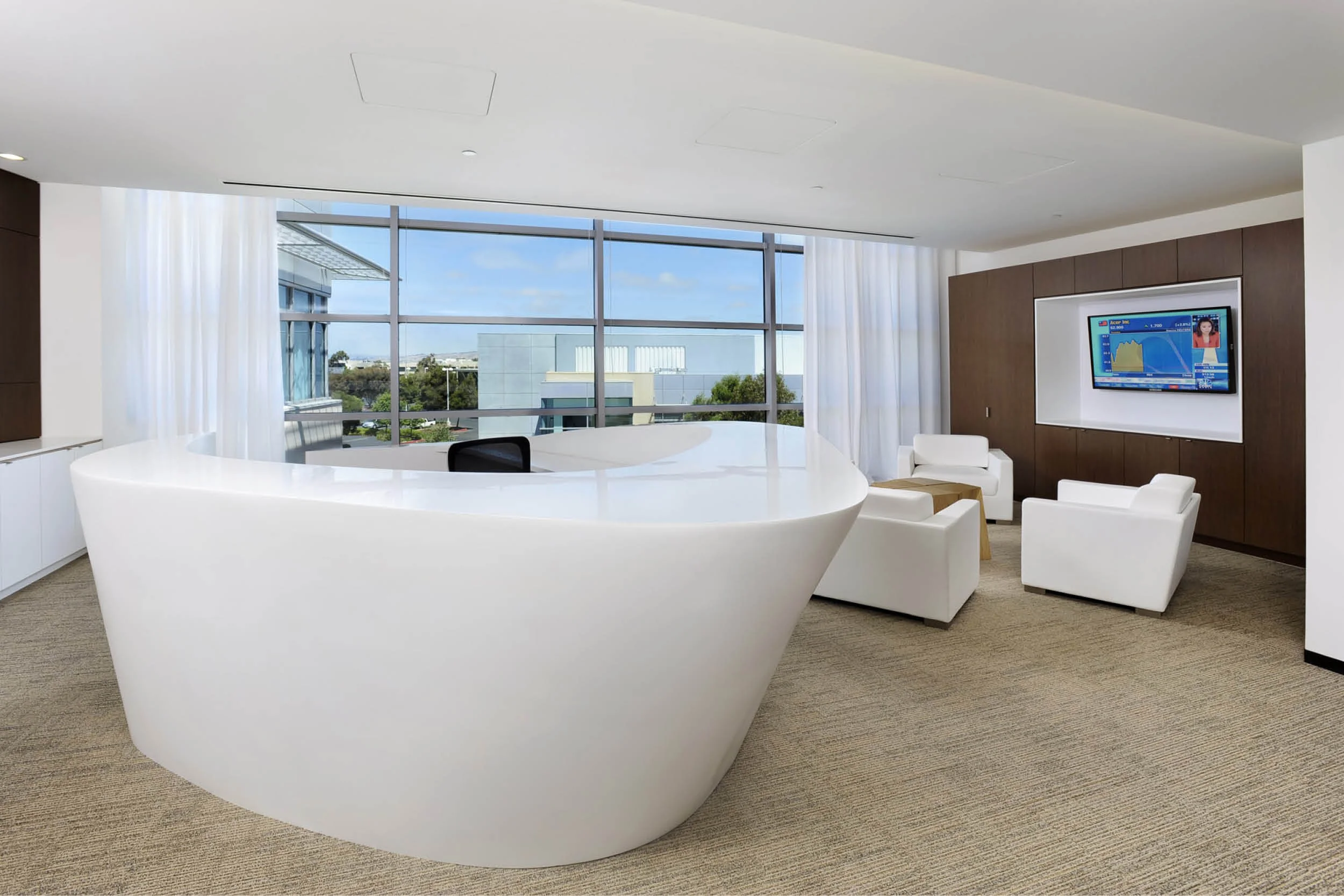 Modern Commercial Office | Custom Corian Curved White Reception Desk | RES4
