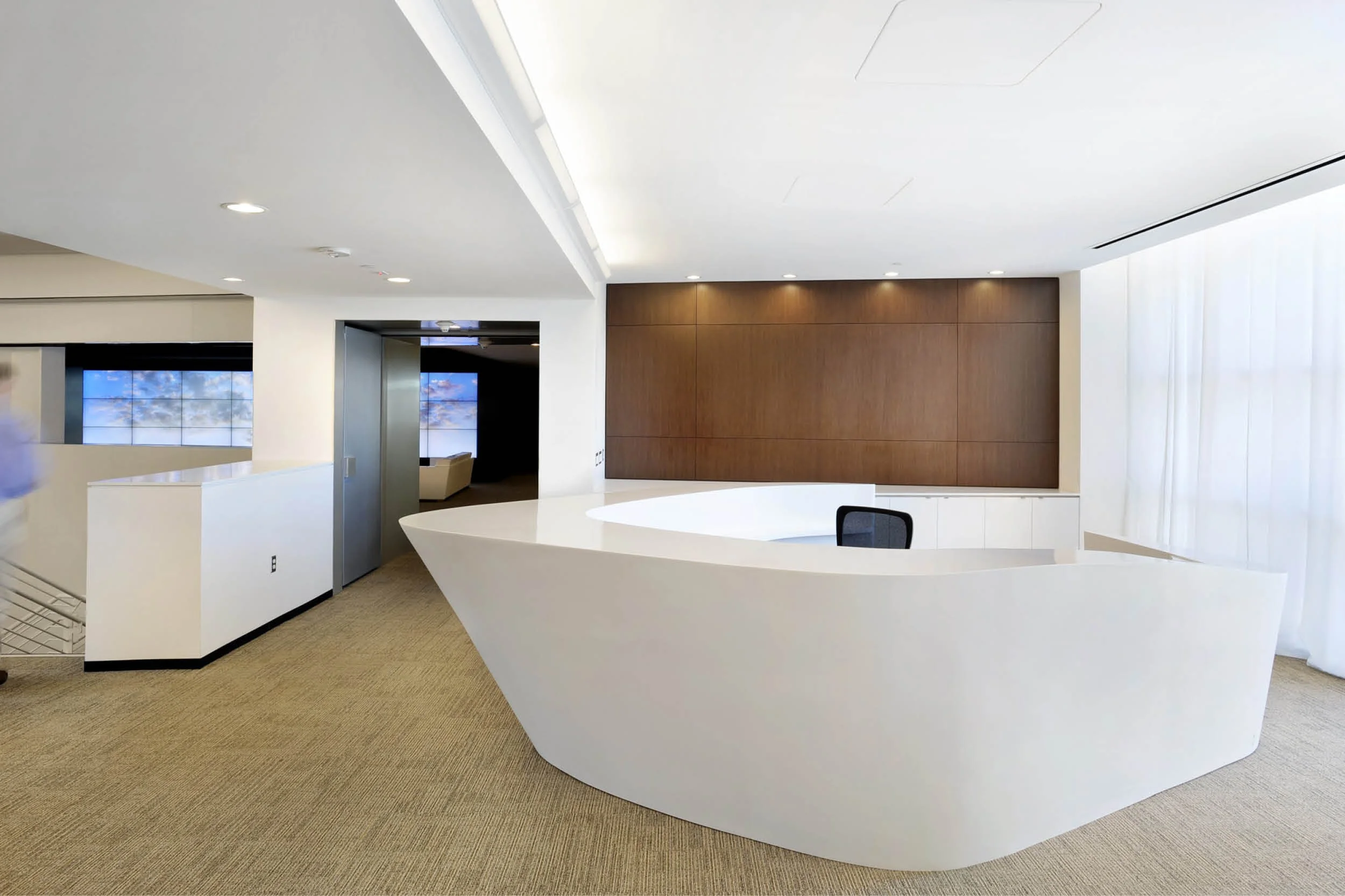 Modern Commercial Office | Custom Corian Curved White Reception Desk | RES4