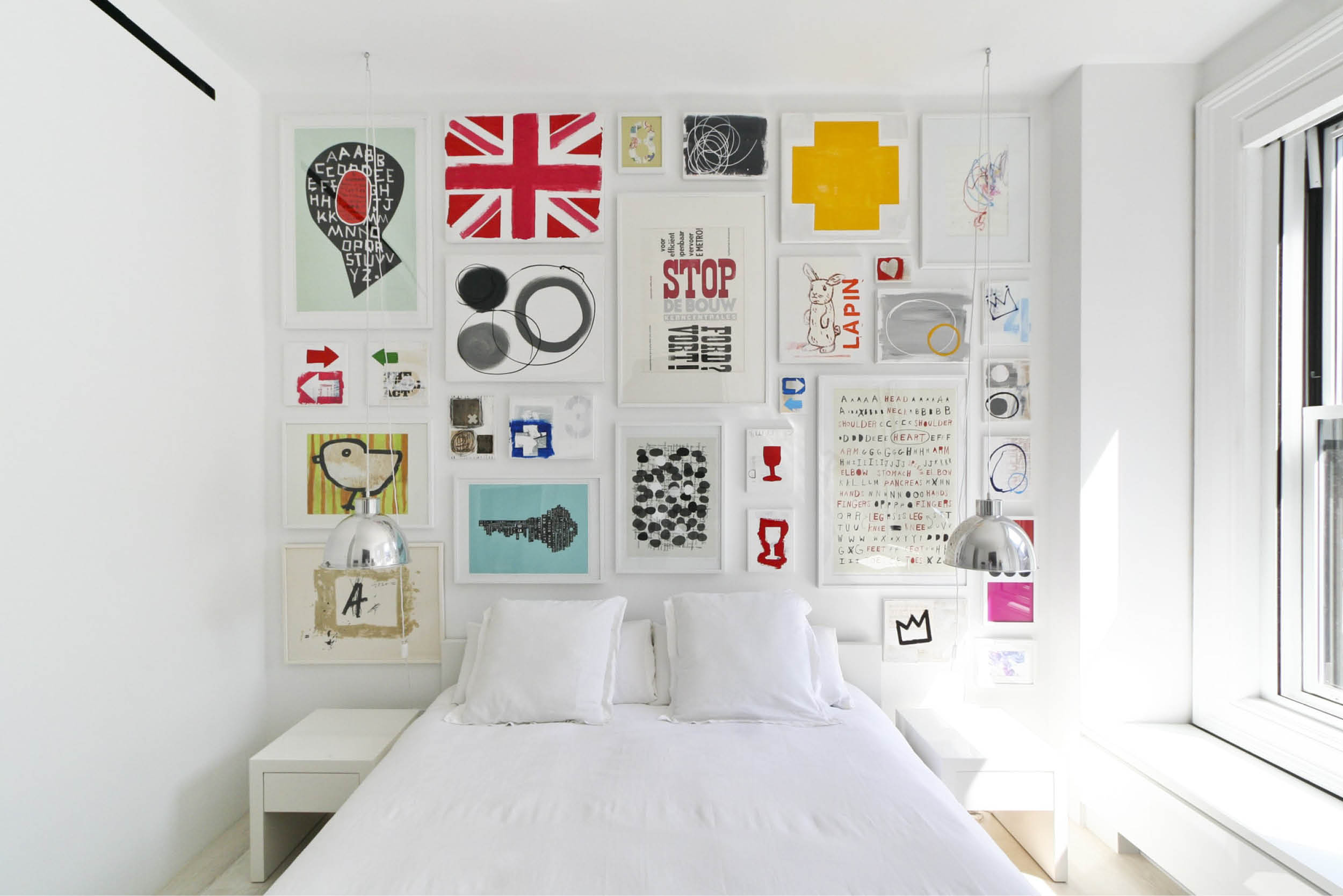Modern New York City Union Square Loft Renovation | White Master Bedroom Bright Art | RES4