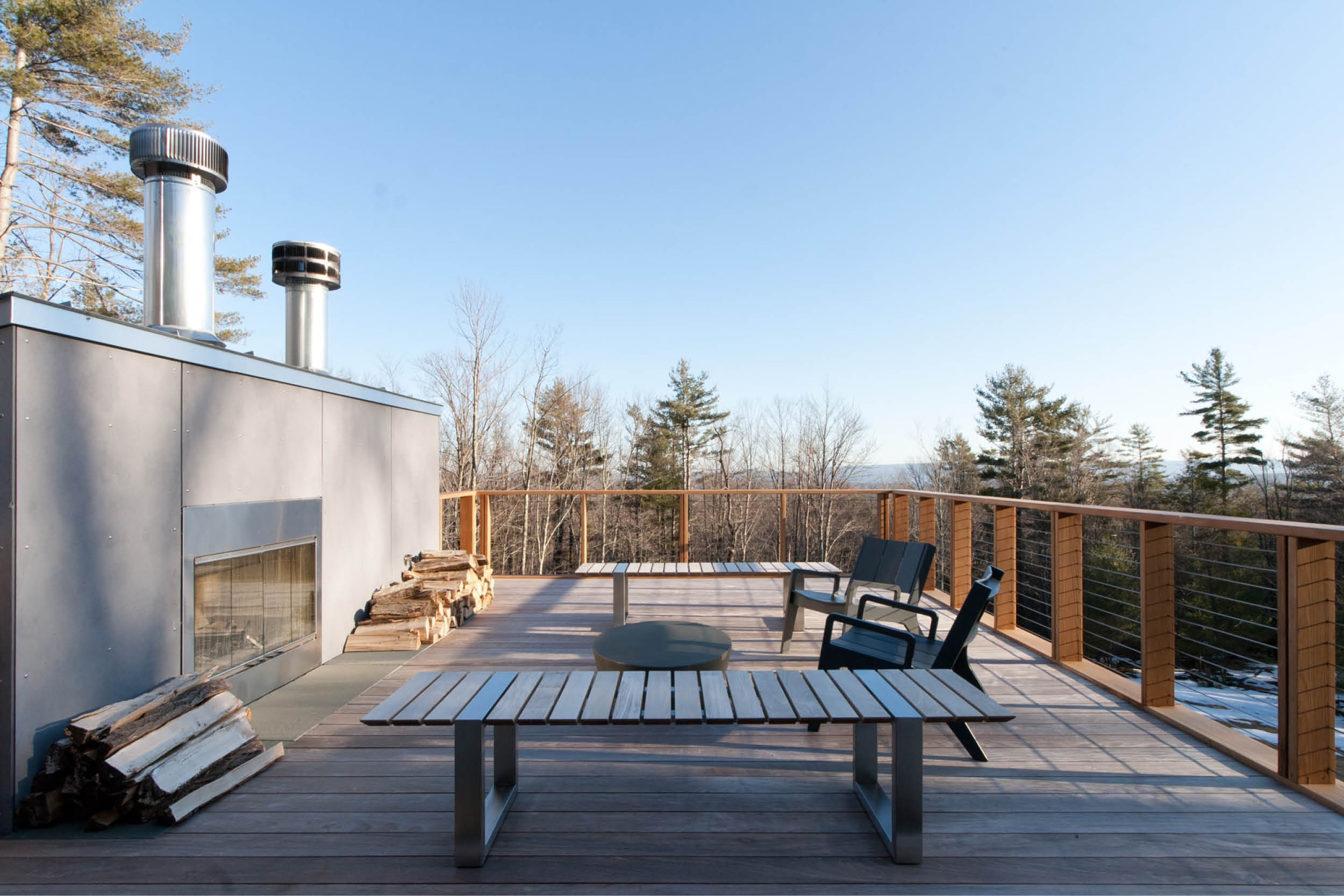 Modern Modular Prefab House | New York State | Cedar Ipe Deck Fireplace Cable Rail | RES4