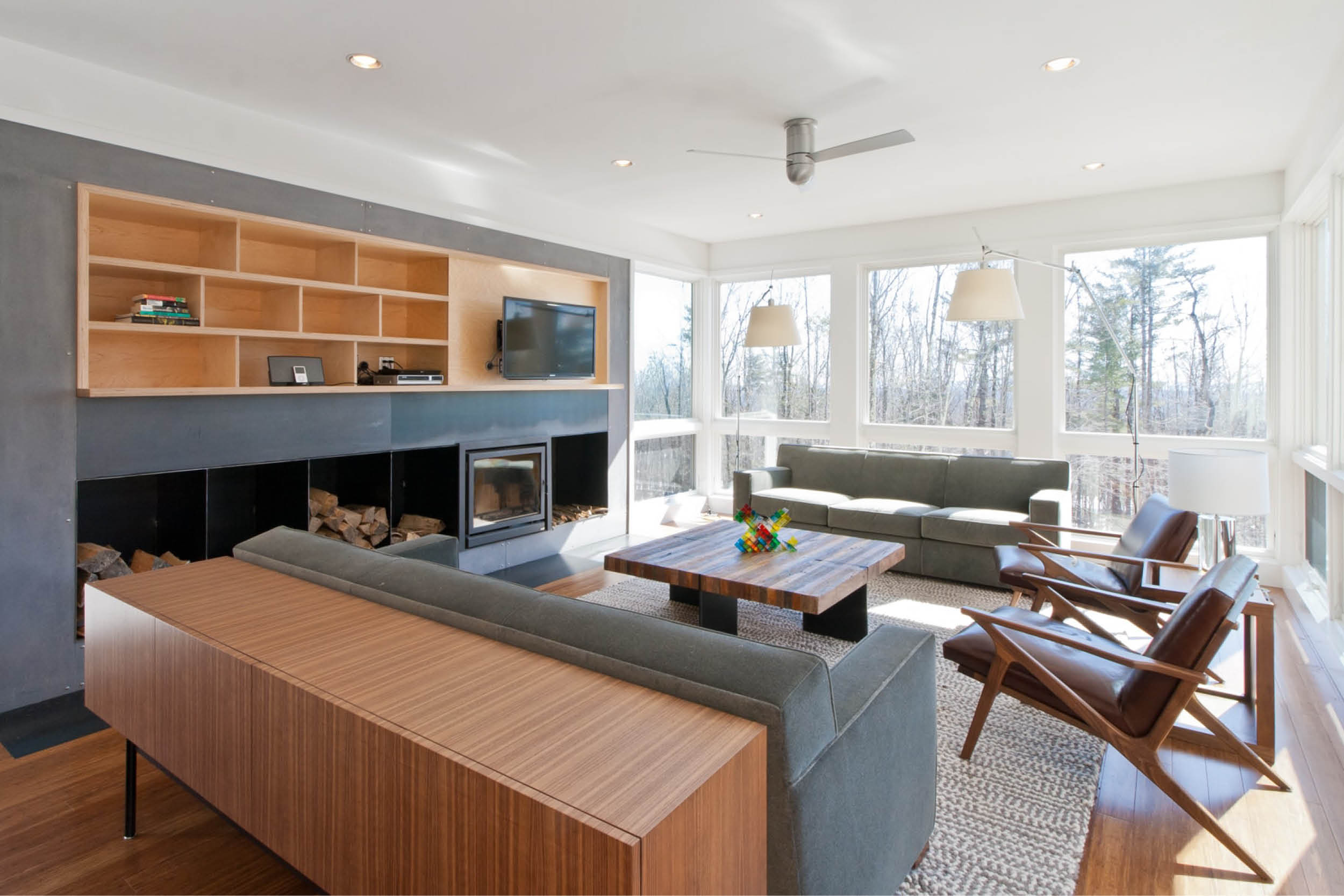 Modern Modular Prefab House | New York State | Living Room Black Steel Fireplace Wall Built In Shelves | RES4