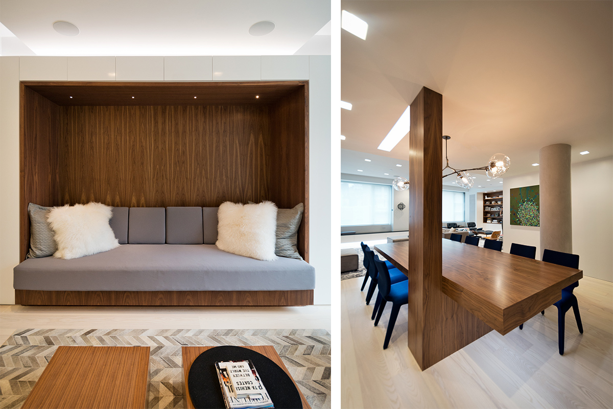 Modern New York City Lenox Hill Apartment Renovation | Walnut Custom Built In Millwork Sofa Dining Table | RES4