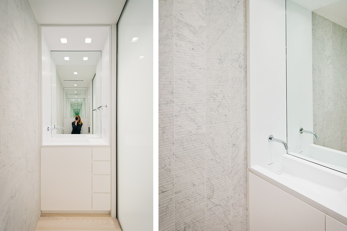 Modern New York City Lenox Hill Apartment Renovation | White Bathroom Custom Corian Sink | RES4