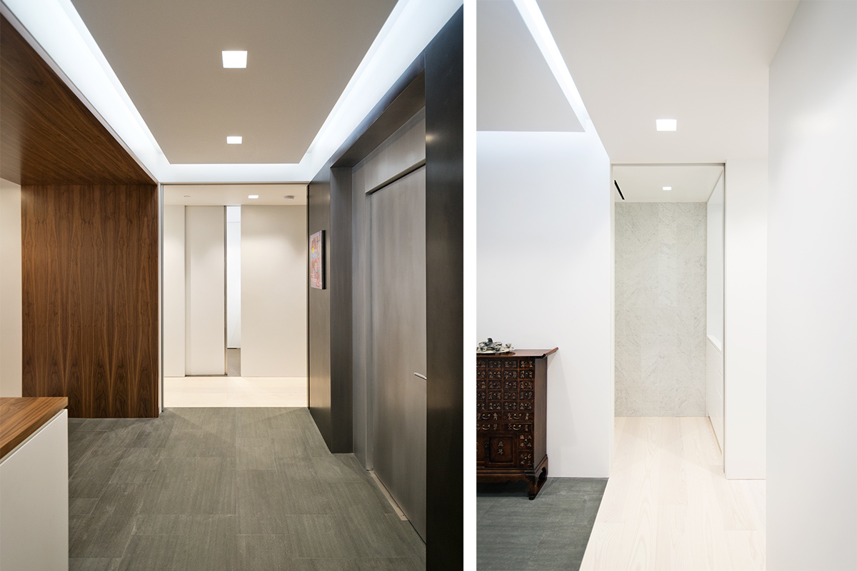 Modern New York City Lenox Hill Apartment Renovation | Custom Walnut Millwork Elevator Entry Cove Light | RES4