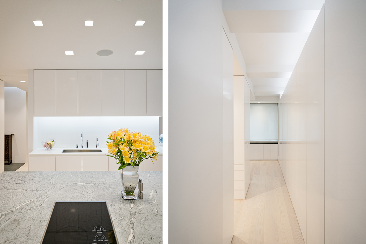 Modern New York City Lenox Hill Apartment Renovation | Built in Storage Closets White Kitchen Custom Island | RES4