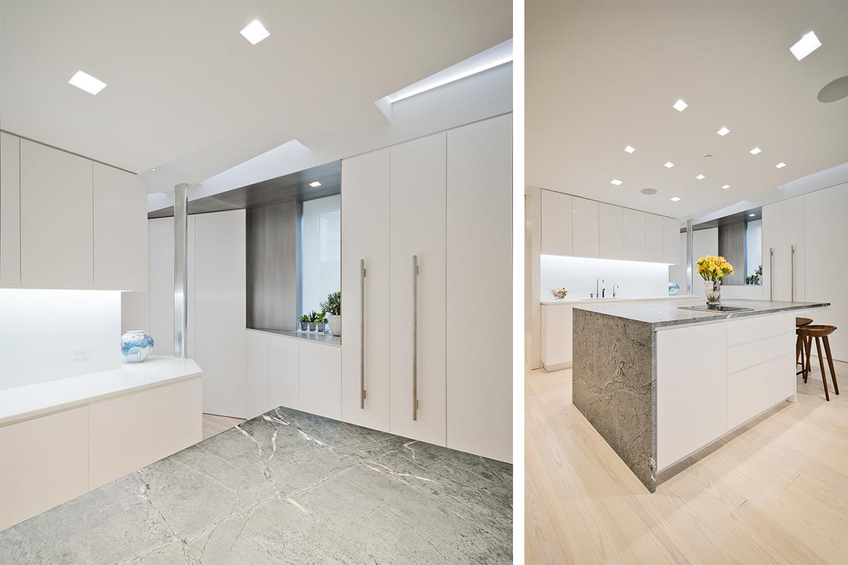 Modern New York City Lenox Hill Apartment Renovation | White Kitchen Custom Millwork Island | RES4