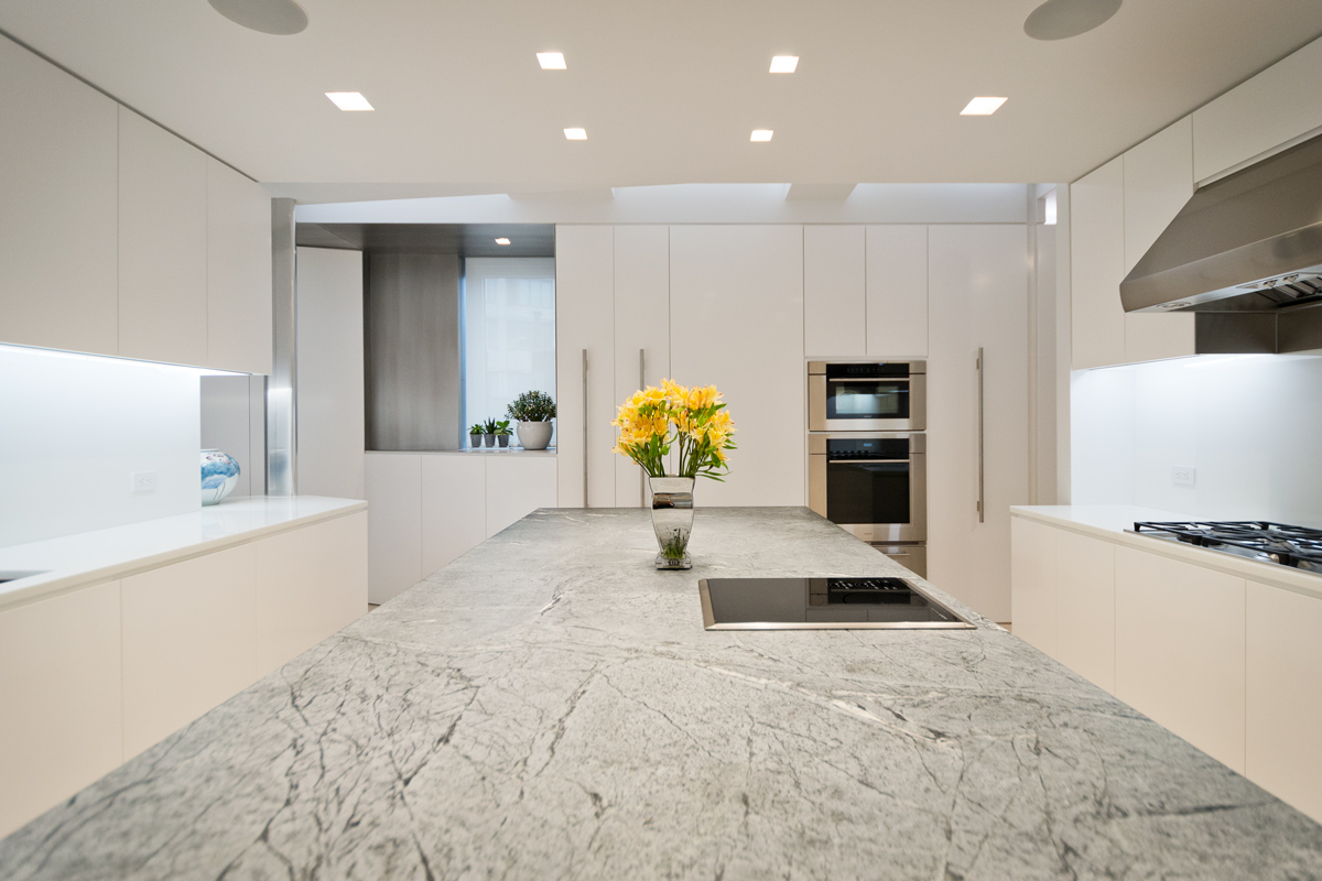 Modern New York City Lenox Hill Apartment Renovation | White Kitchen Custom Millwork Island | RES4
