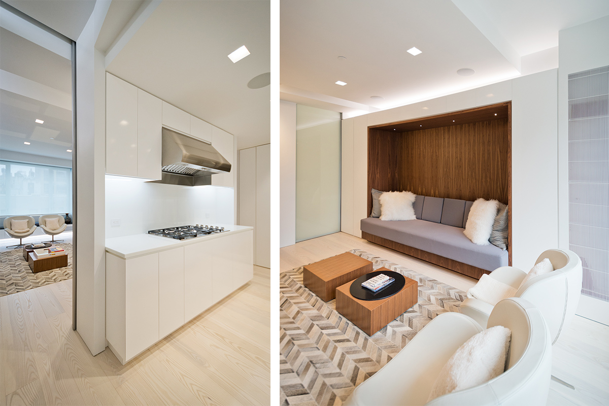 Modern New York City Lenox Hill Apartment Renovation | White Kitchen Custom Millwork Walnut Built In Sofa | RES4