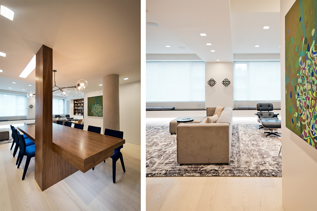 Modern New York City Lenox Hill Apartment Renovation | Walnut Custom Millwork Dining Table Living Room | RES4