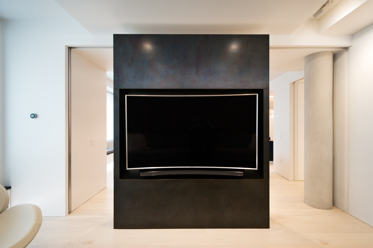 Modern New York City Lenox Hill Apartment Renovation | Black Steel TV Media Wall Pocket Doors | RES4