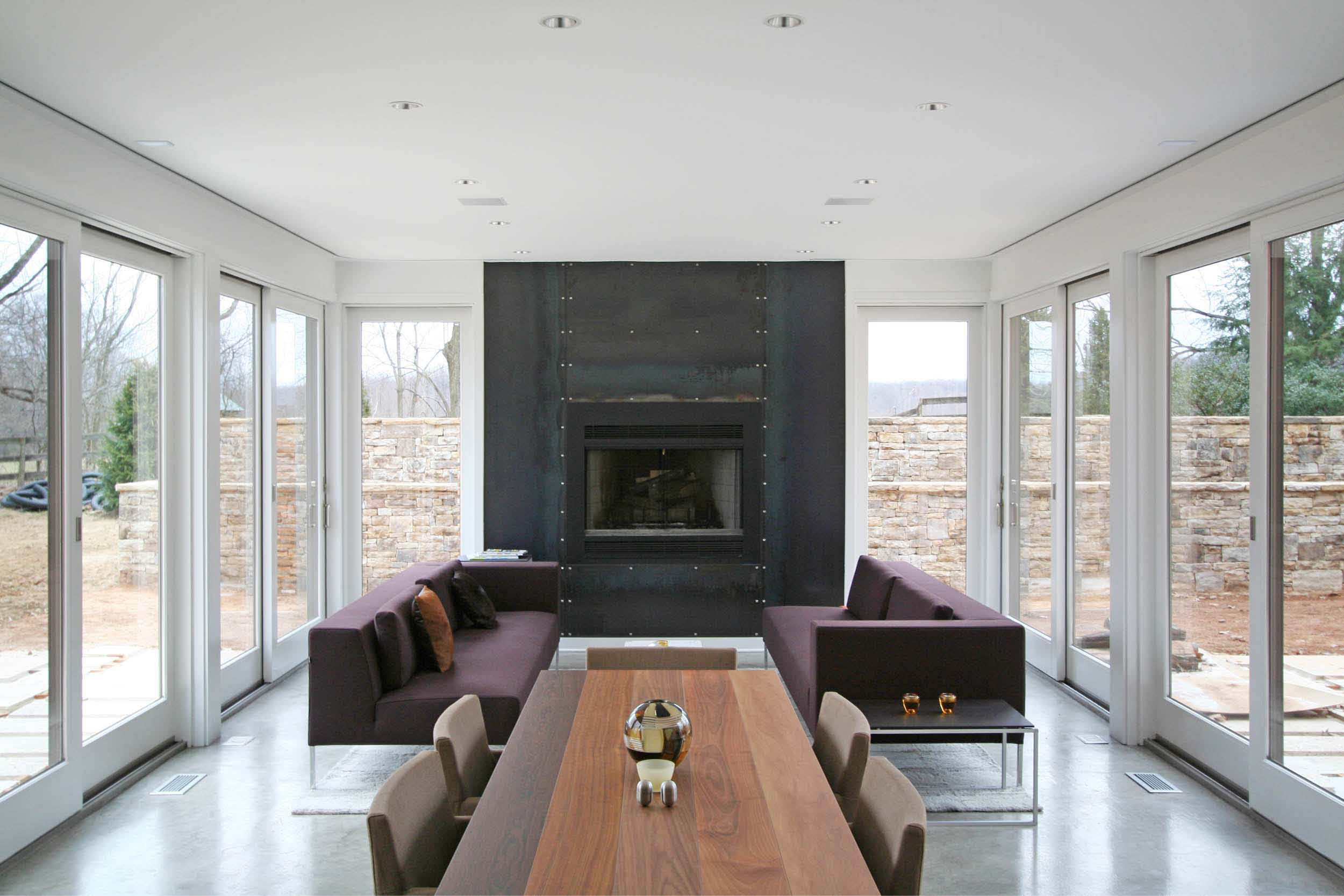 Modern Modular Prefab House Country Retreat | Living Room Sliding Doors White Black Steel Fireplace | RES4