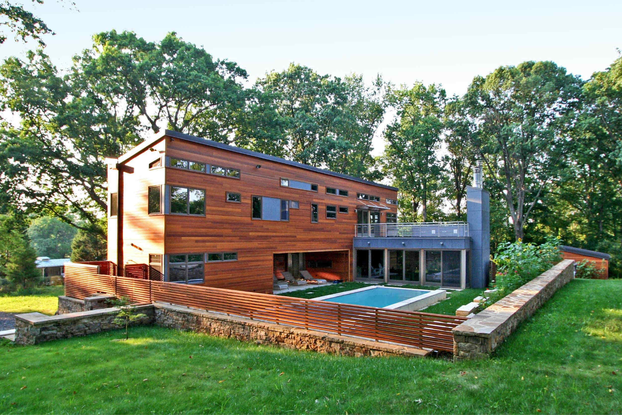 Modern Modular Prefab House Country Retreat | Butterfly Roof Cedar Siding Screen Fence Stone Wall | RES4