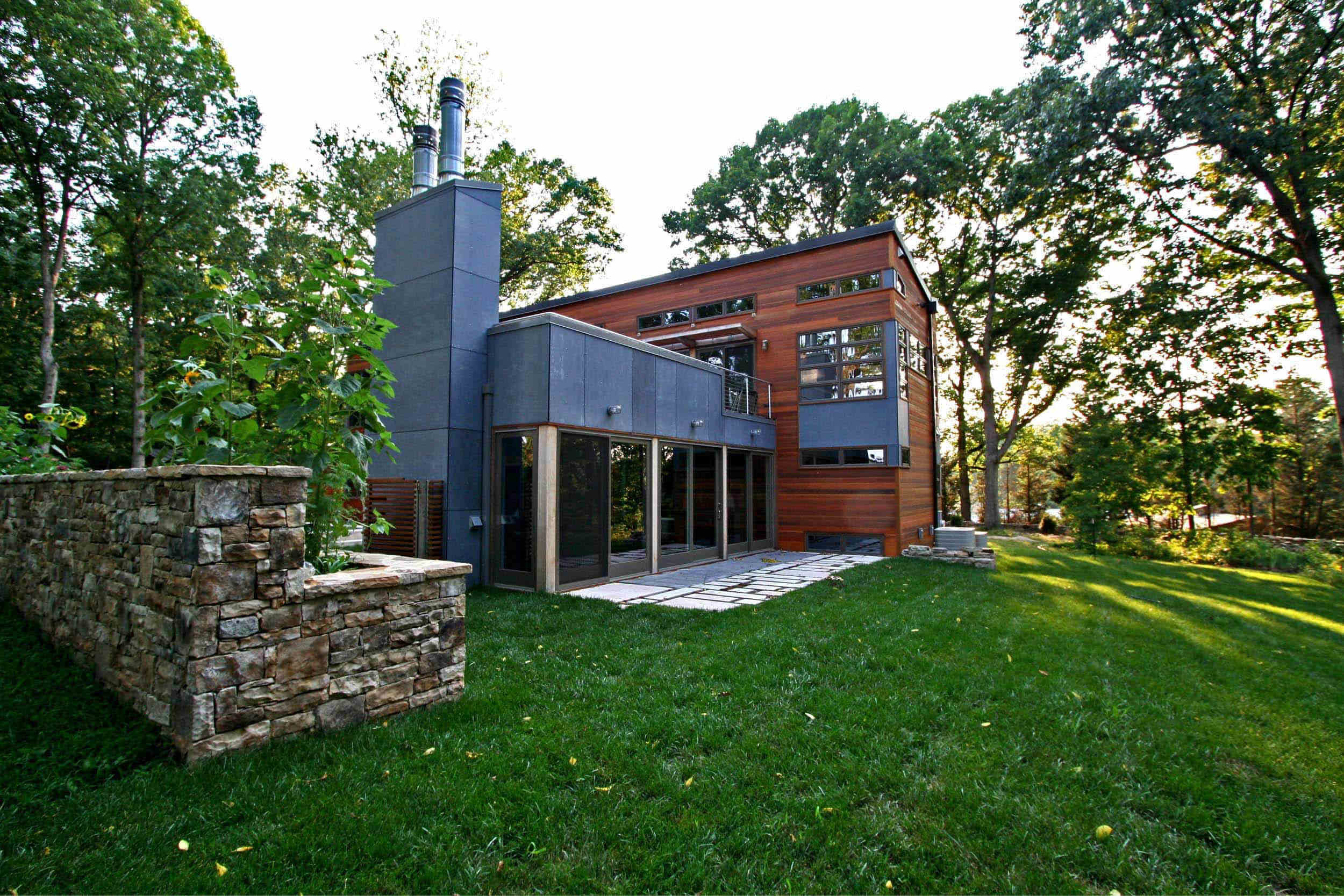 Modern Modular Prefab House Country Retreat | Butterfly Roof Cedar Siding Stone Wall | RES4