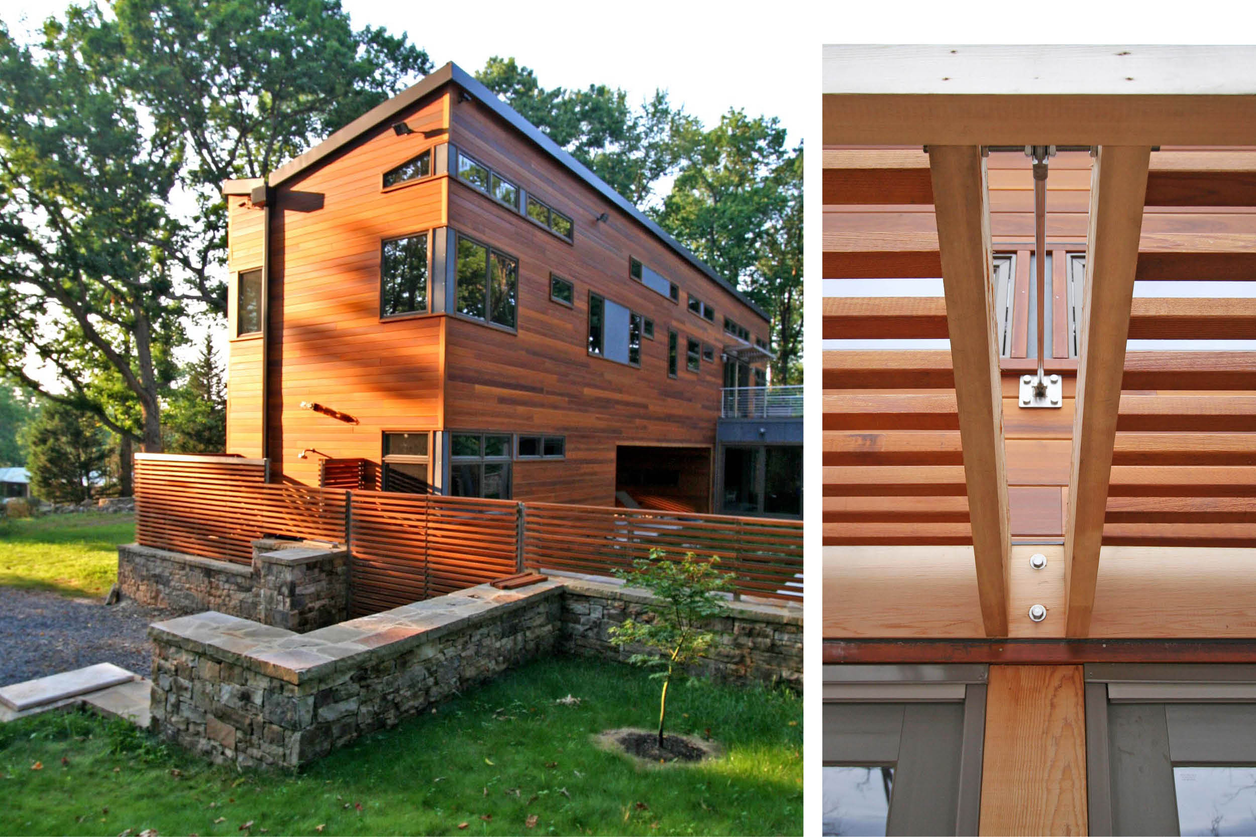 Modern Modular Prefab House Country Retreat | Butterfly Roof Cedar Siding Screen Fence Stone Wall | RES4