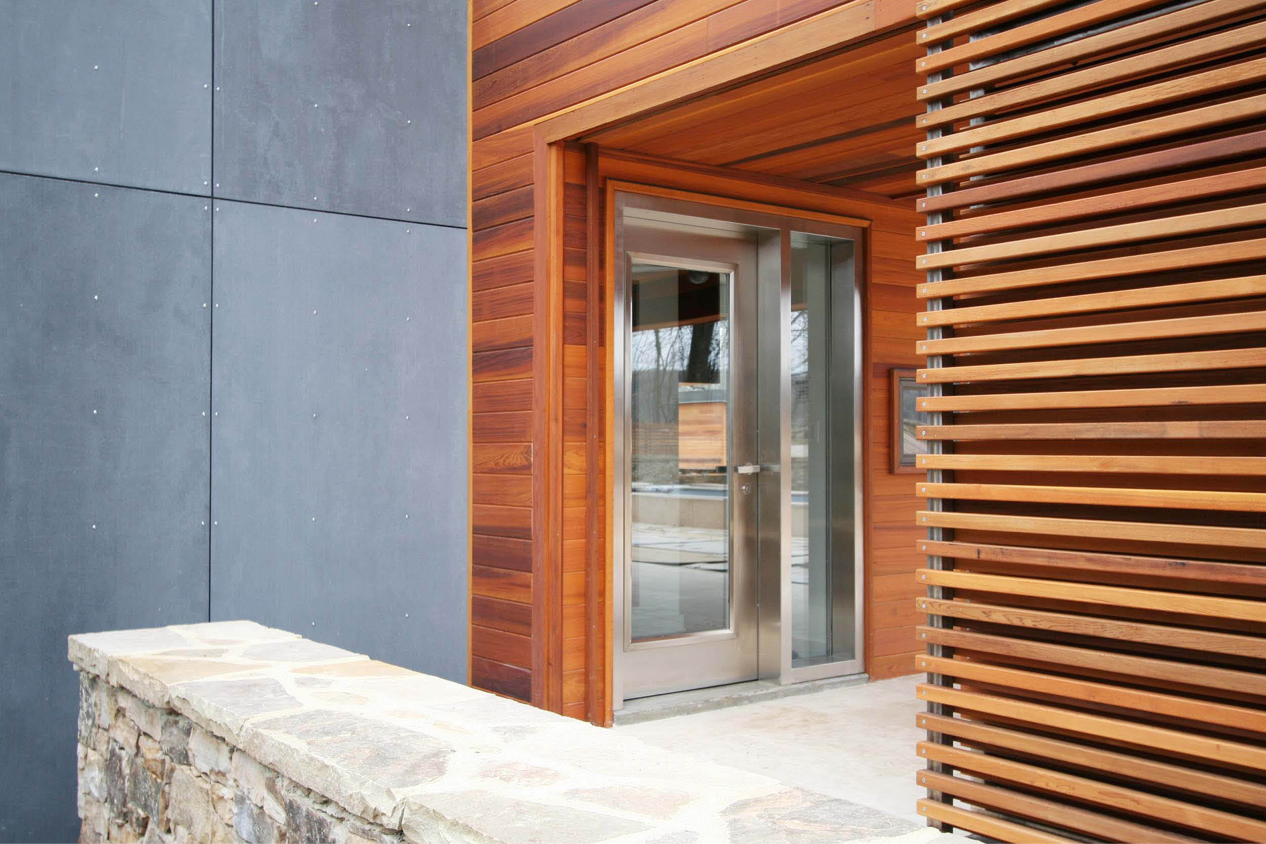 Modern Modular Prefab House Country Retreat | Cedar Siding Screen Fence Stone Wall | RES4
