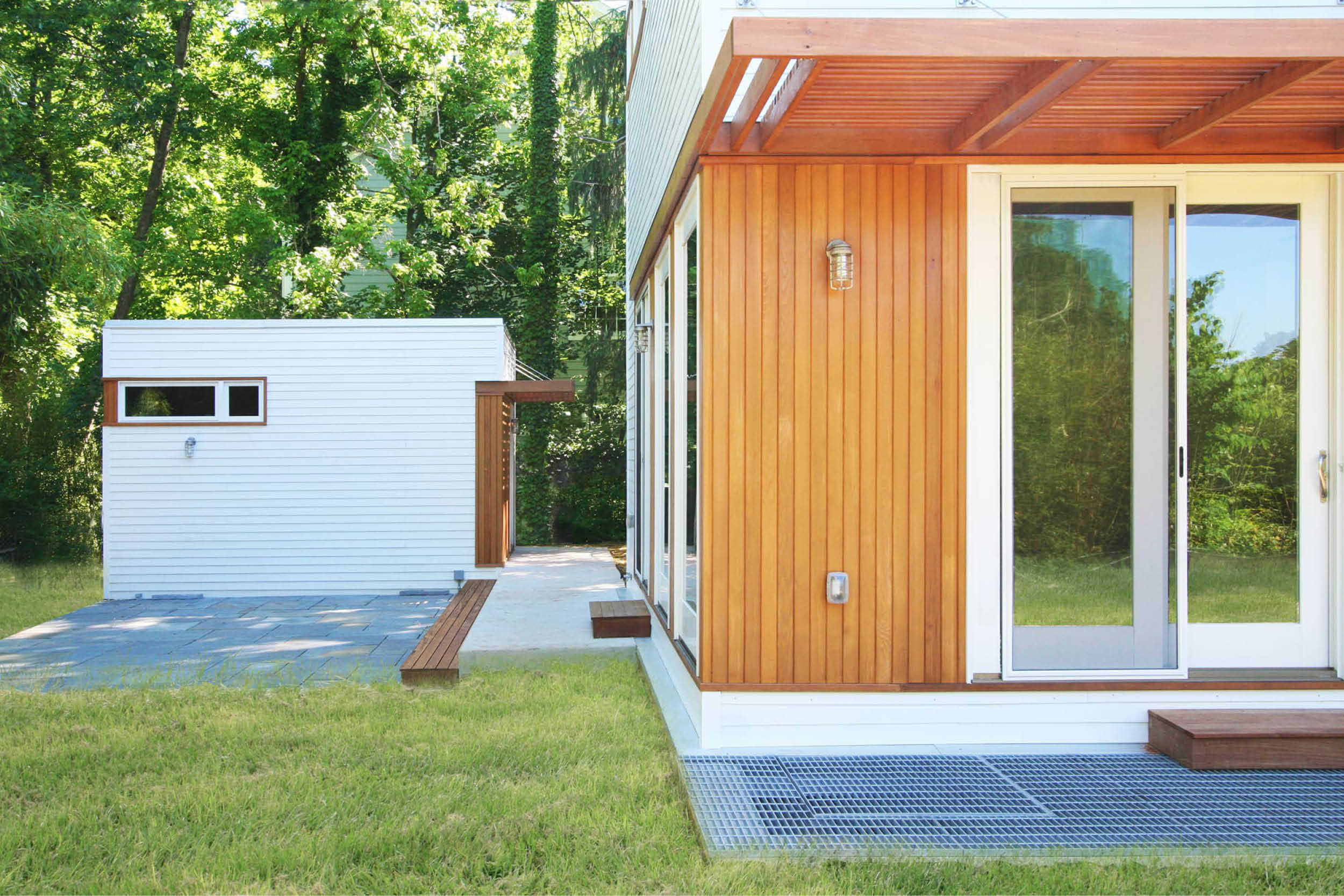 Modern Modular Prefab House Garage | Maryland | Cedar White Metal Siding Terrace Sliding Doors | RES4