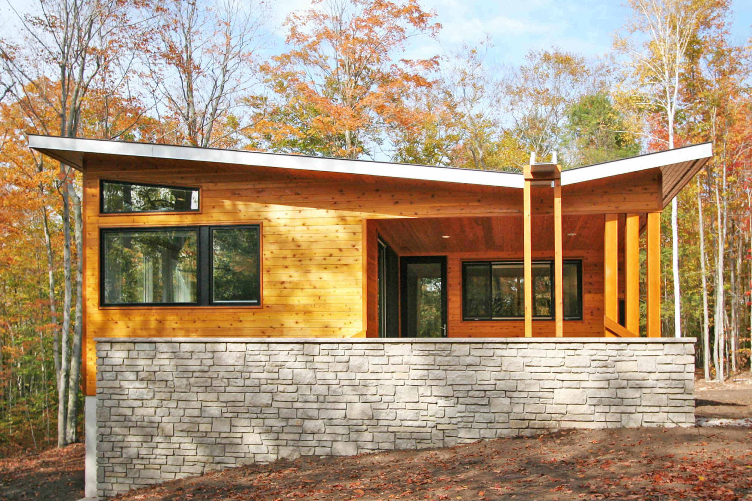 Modern Prefab Cabin House | Wisconsin | Butterfly Roof Cedar Siding Stone Wall | RES4