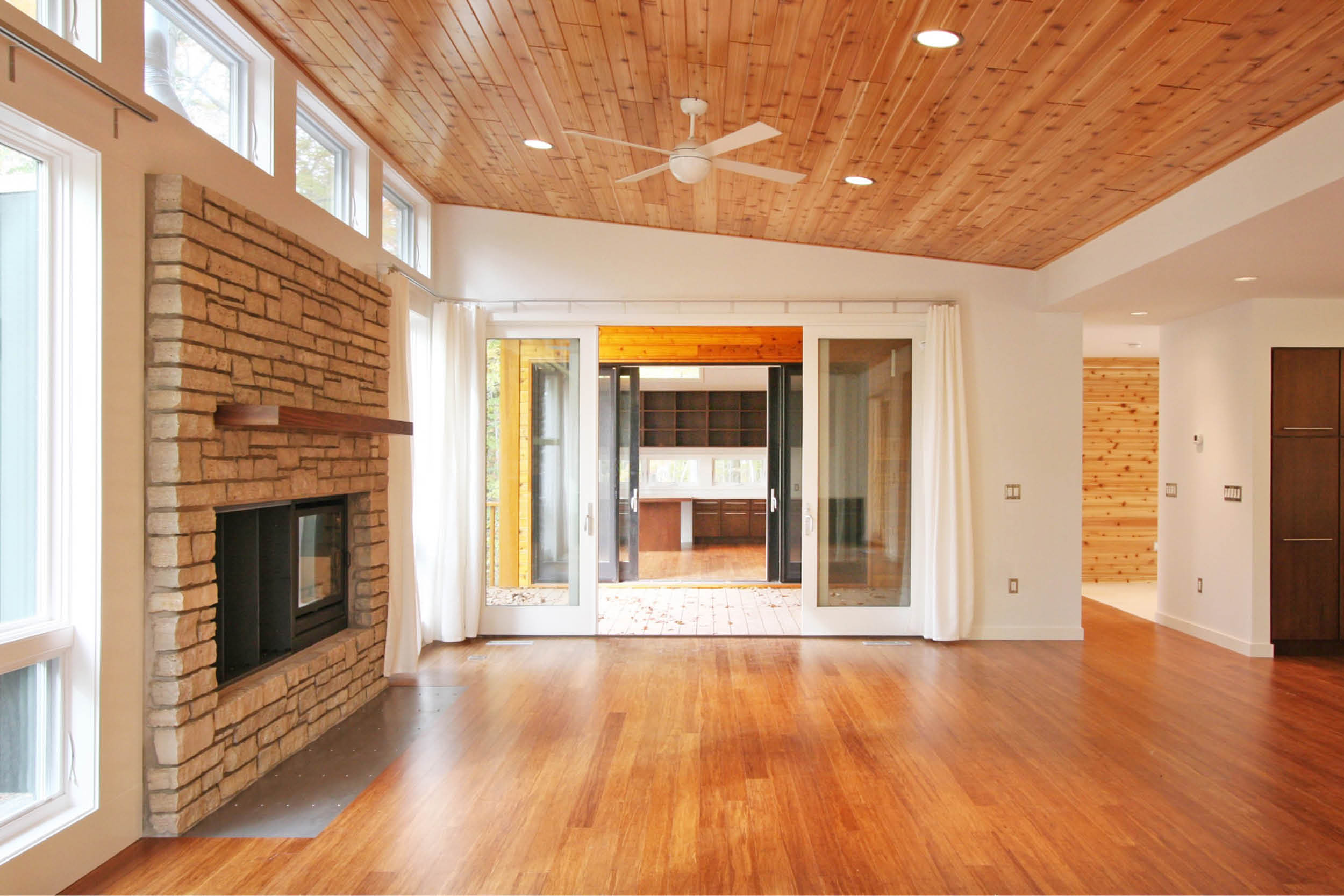 Modern Prefab Cabin House | Wisconsin | Cedar Ceiling Butterfly Roof Open Living Stone Fireplace | RES4