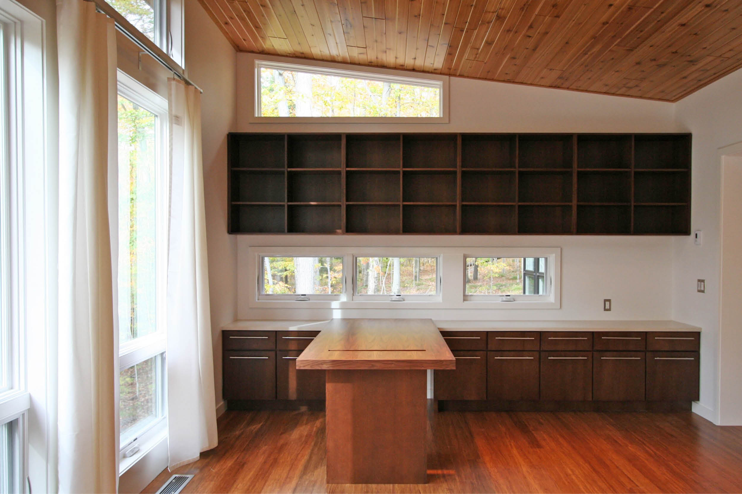 Modern Prefab Cabin House | Wisconsin | Cedar Ceiling Butterfly Roof Office Custom Millwork Desk | RES4