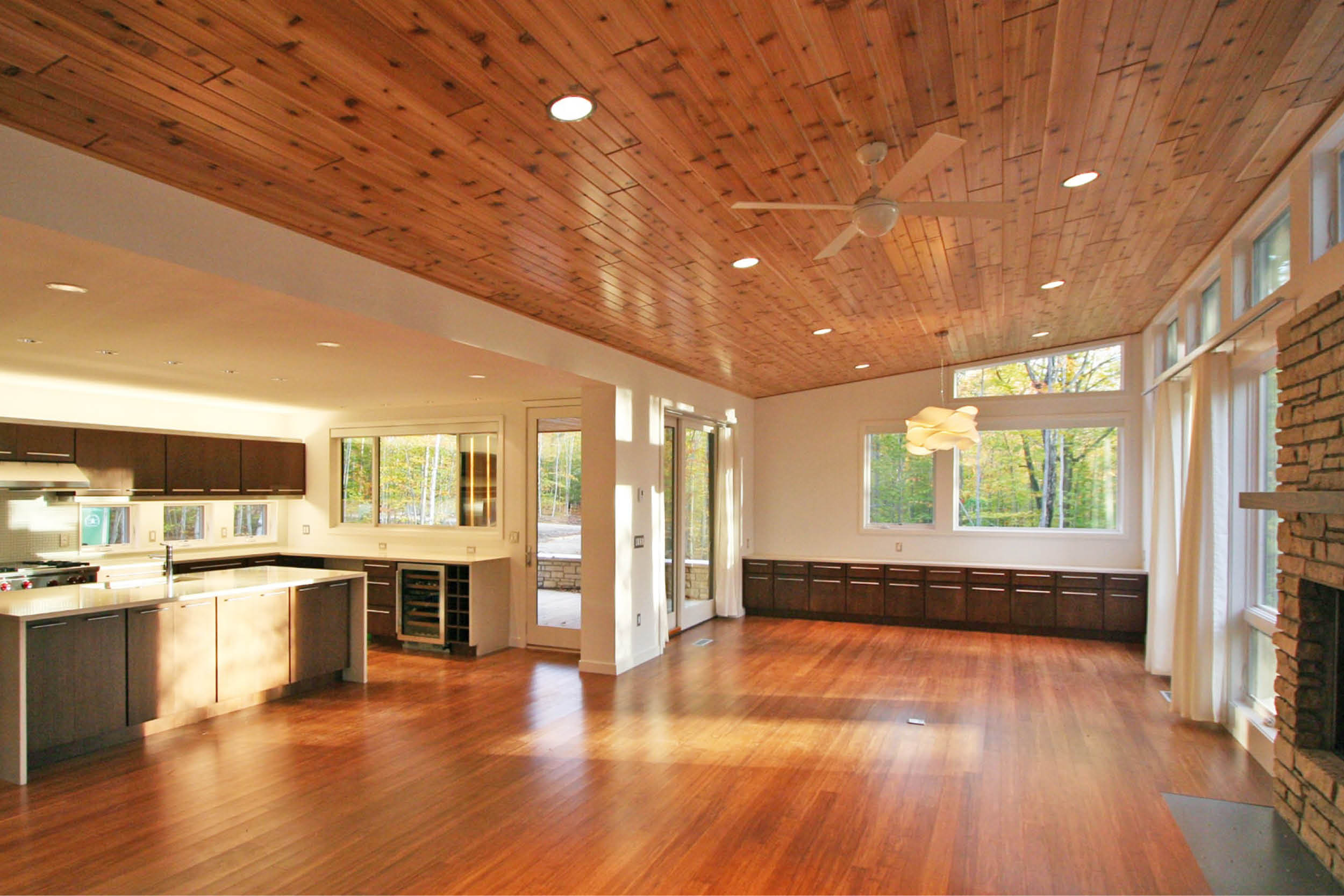 Modern Prefab Cabin House | Wisconsin | Cedar Ceiling Butterfly Roof Open Living Kitchen Stone Fireplace | RES4