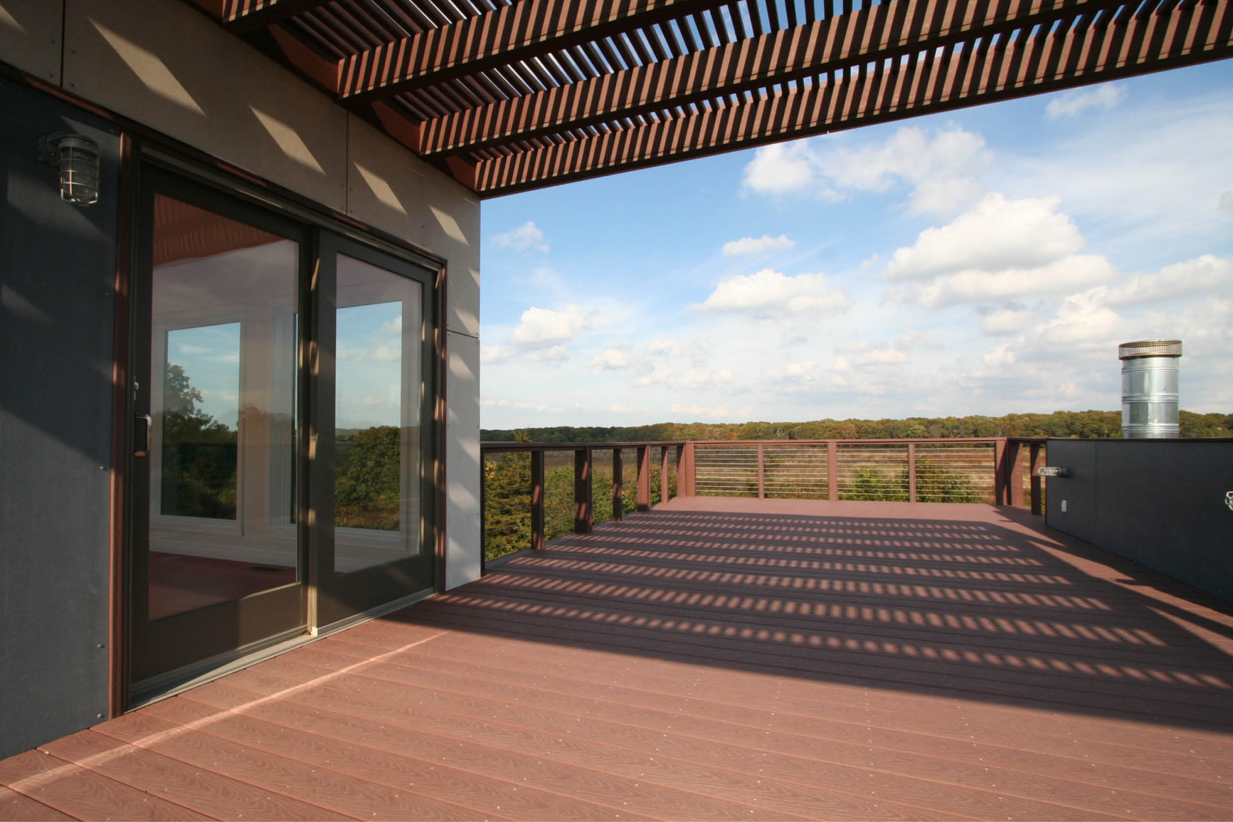 Modern Modular Prefab House | Hamptons Watermill New York | Artist Retreat | Awning Trellis Sliding Door Cedar White Blue Siding Roof Deck Cable Rail | RES4