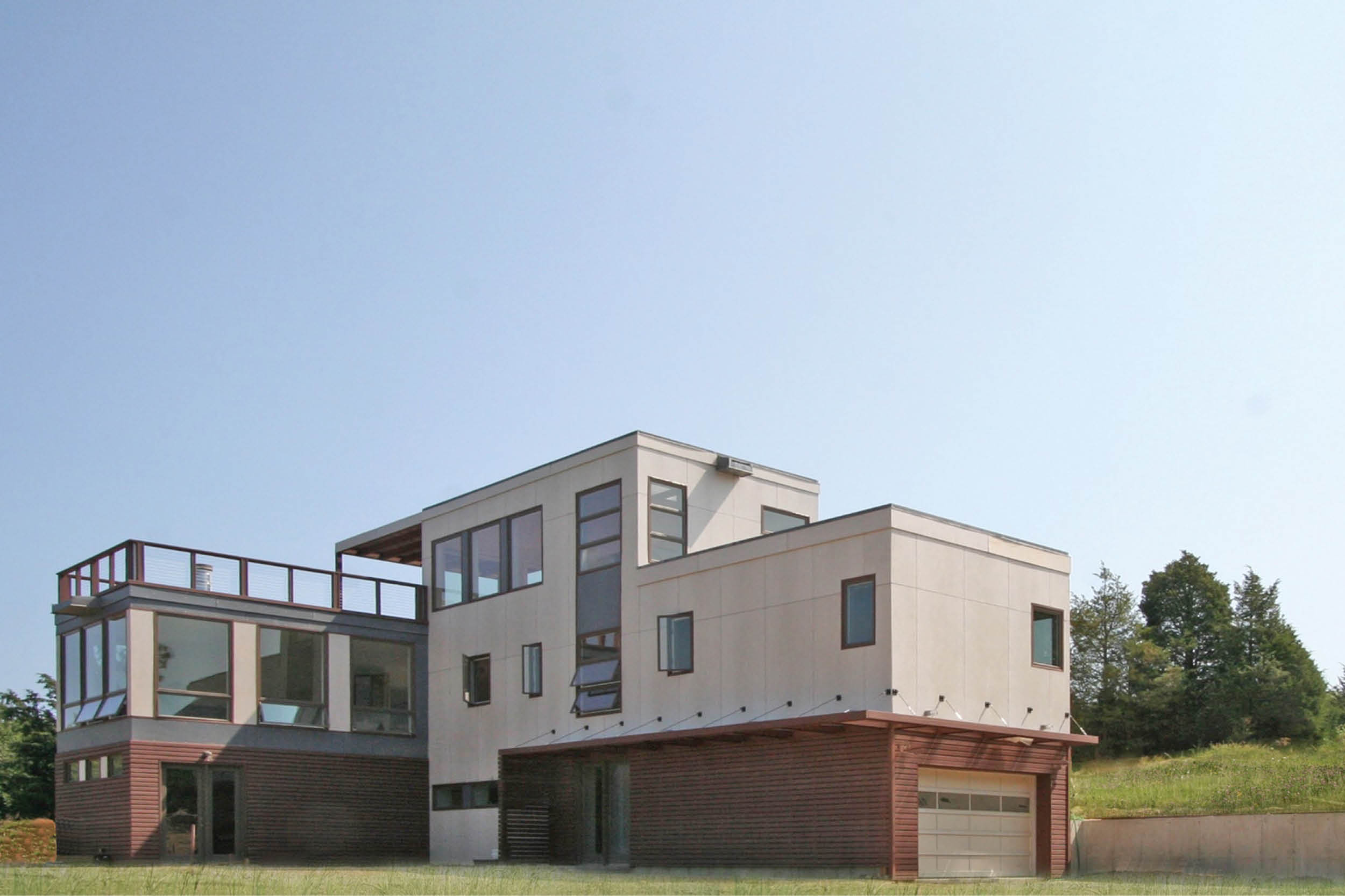 Modern Modular Prefab House | Hamptons Watermill New York | Artist Retreat | Cedar White Blue Siding Roof Deck Cable Rail Garage | RES4